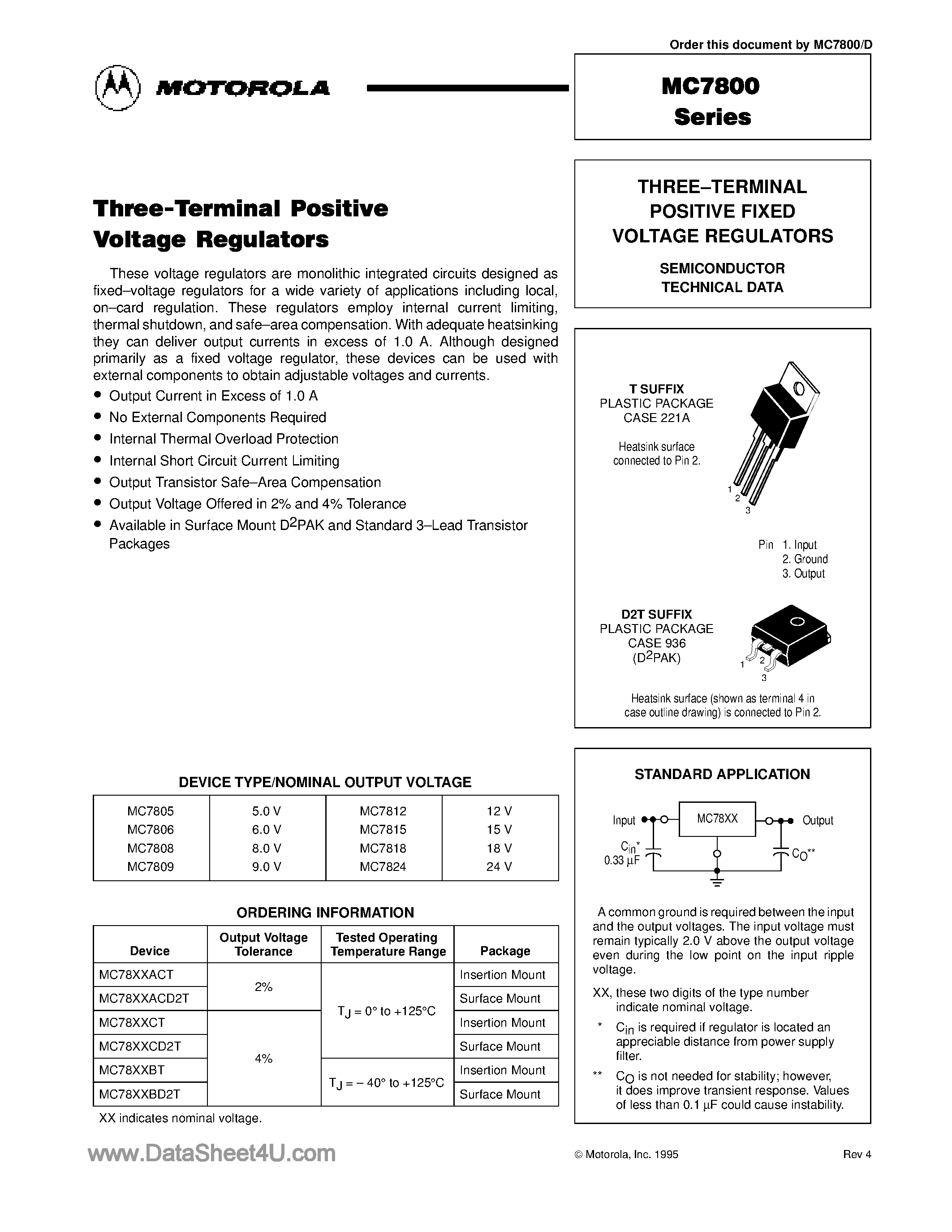 Datasheet MC7800 page 1 Datasheet MC7800 - (MC7800 Series) THREE TERMINAL POSITIVE FIXED VOLTAGE REGULATORS page 1