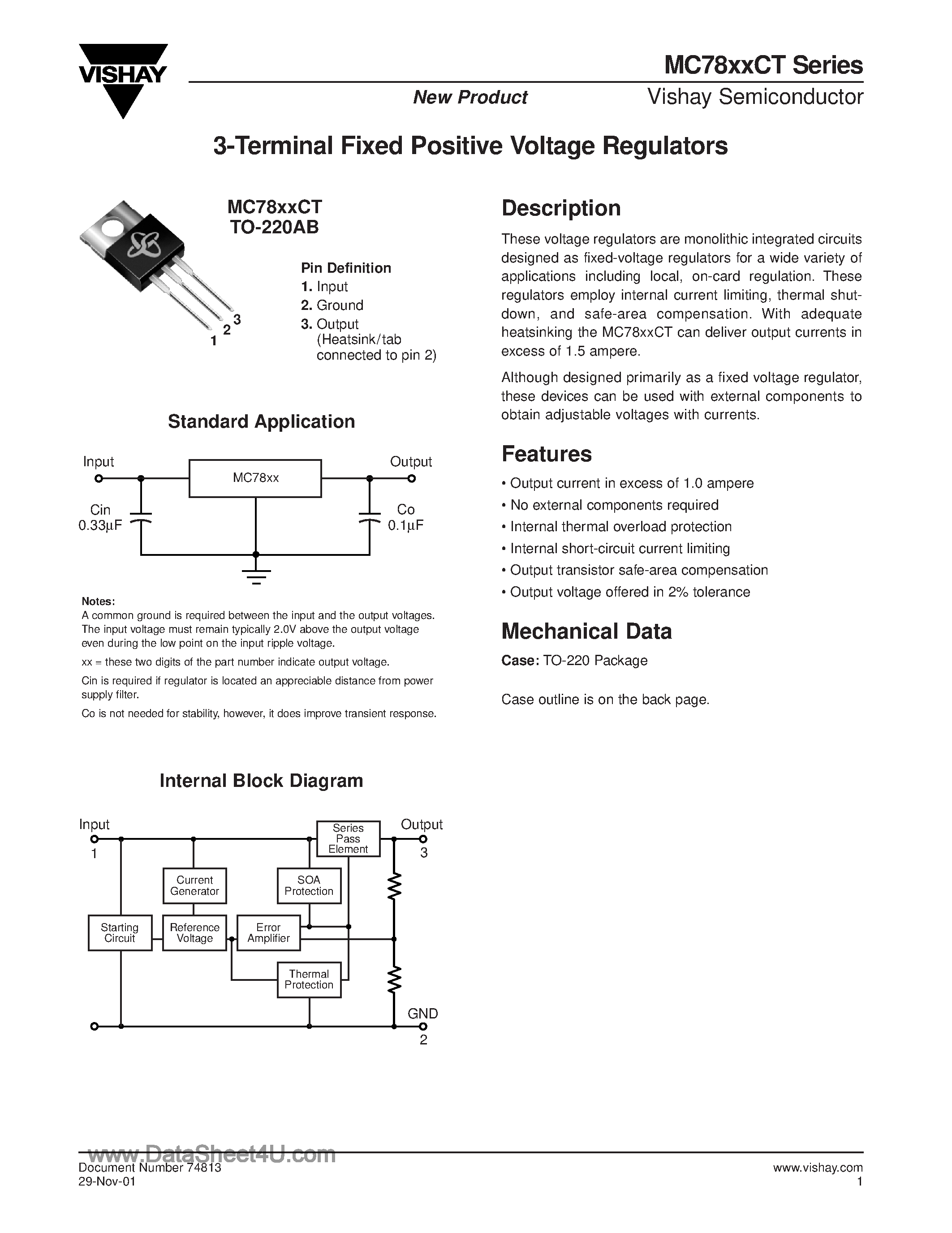 Даташит MC7812CT - (MC78xxCT) 3-Terminal Fixed Positive Voltage Regulator страница 1