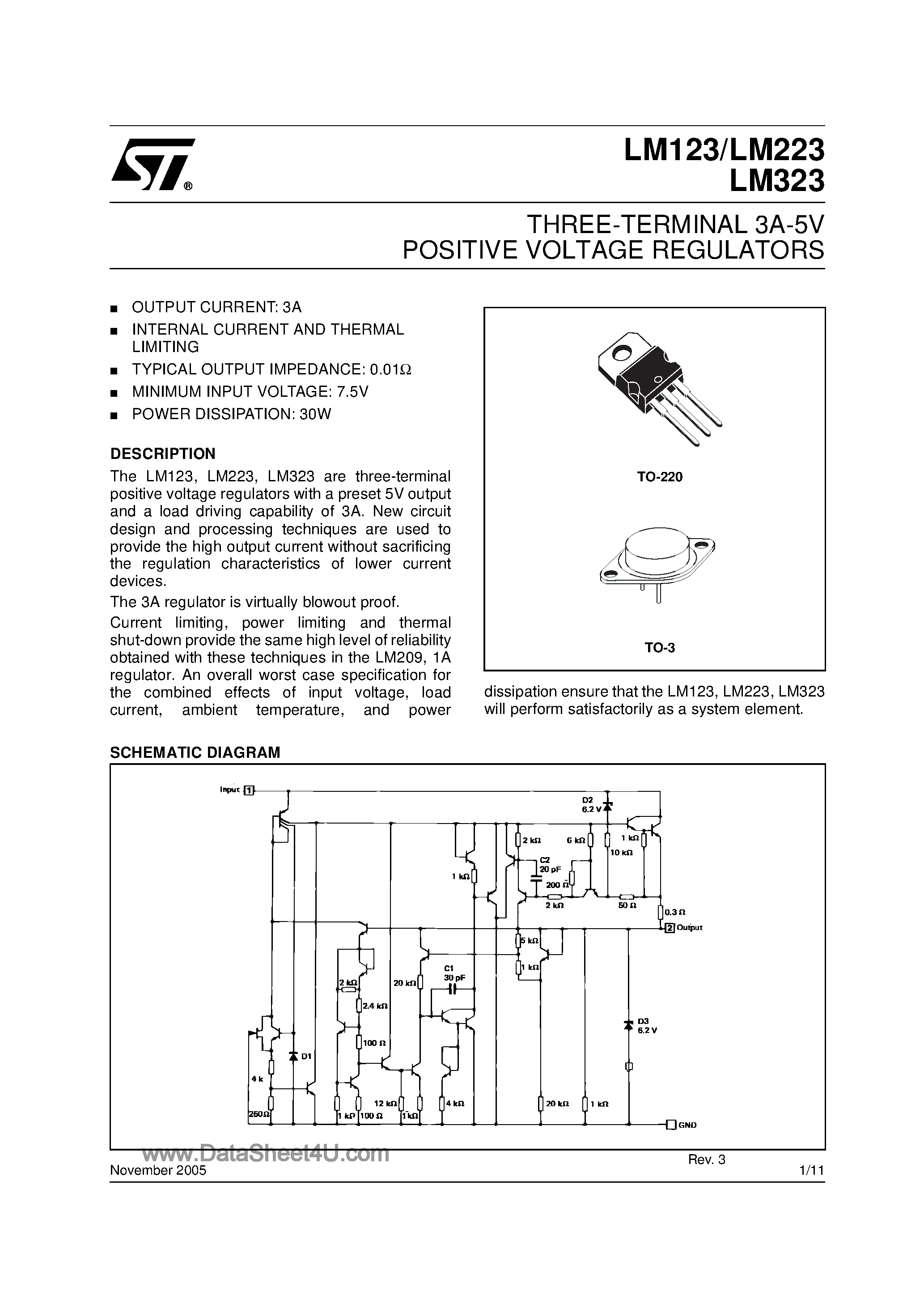 Datasheet LM323 page 1 Datasheet LM323 - 3-Terminal 3A-5V Positive Voltage Regulators page 1
