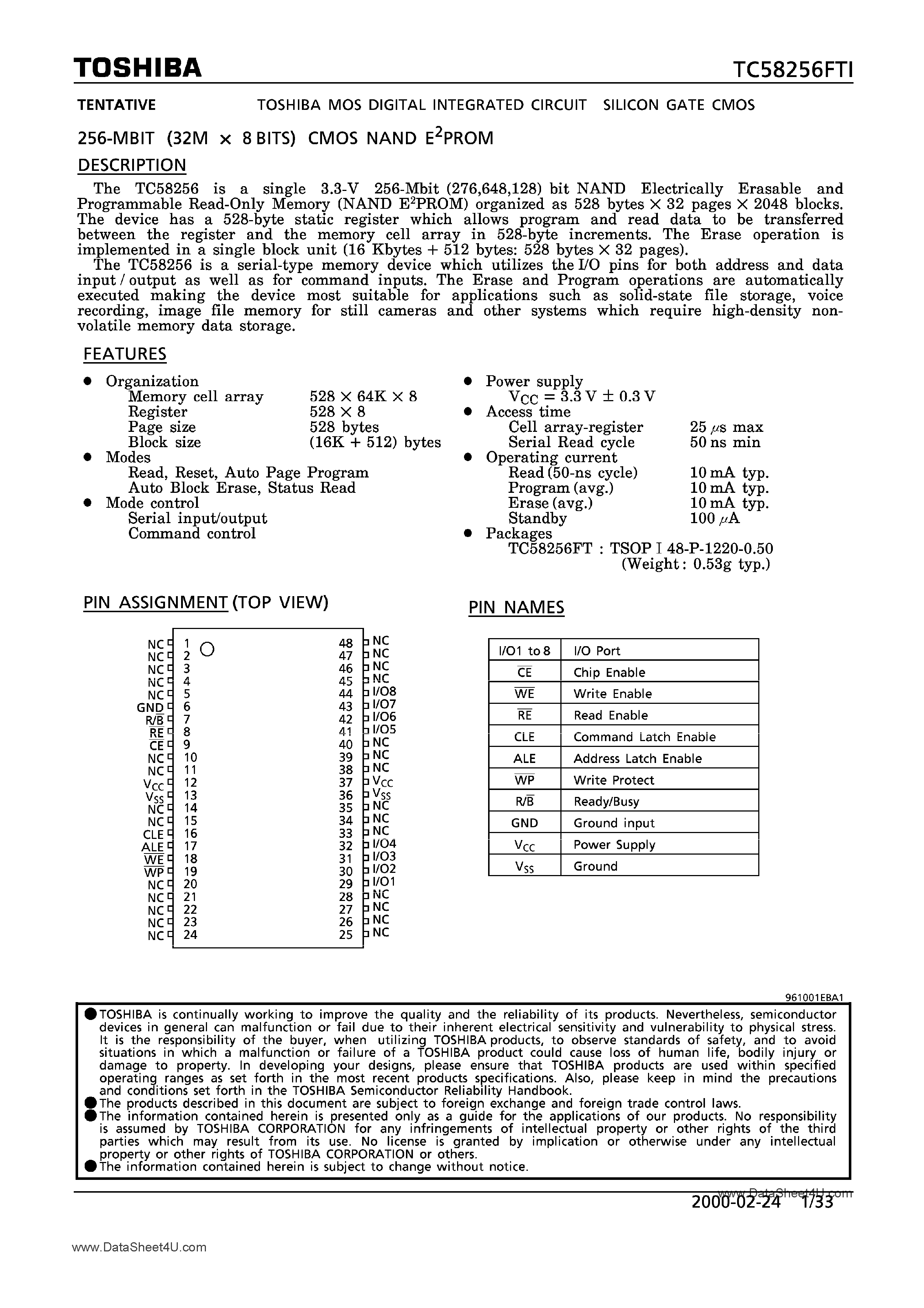 Datasheet TC58256FTI page 1 Datasheet TC58256FTI - CMOS NAND EPROM page 1