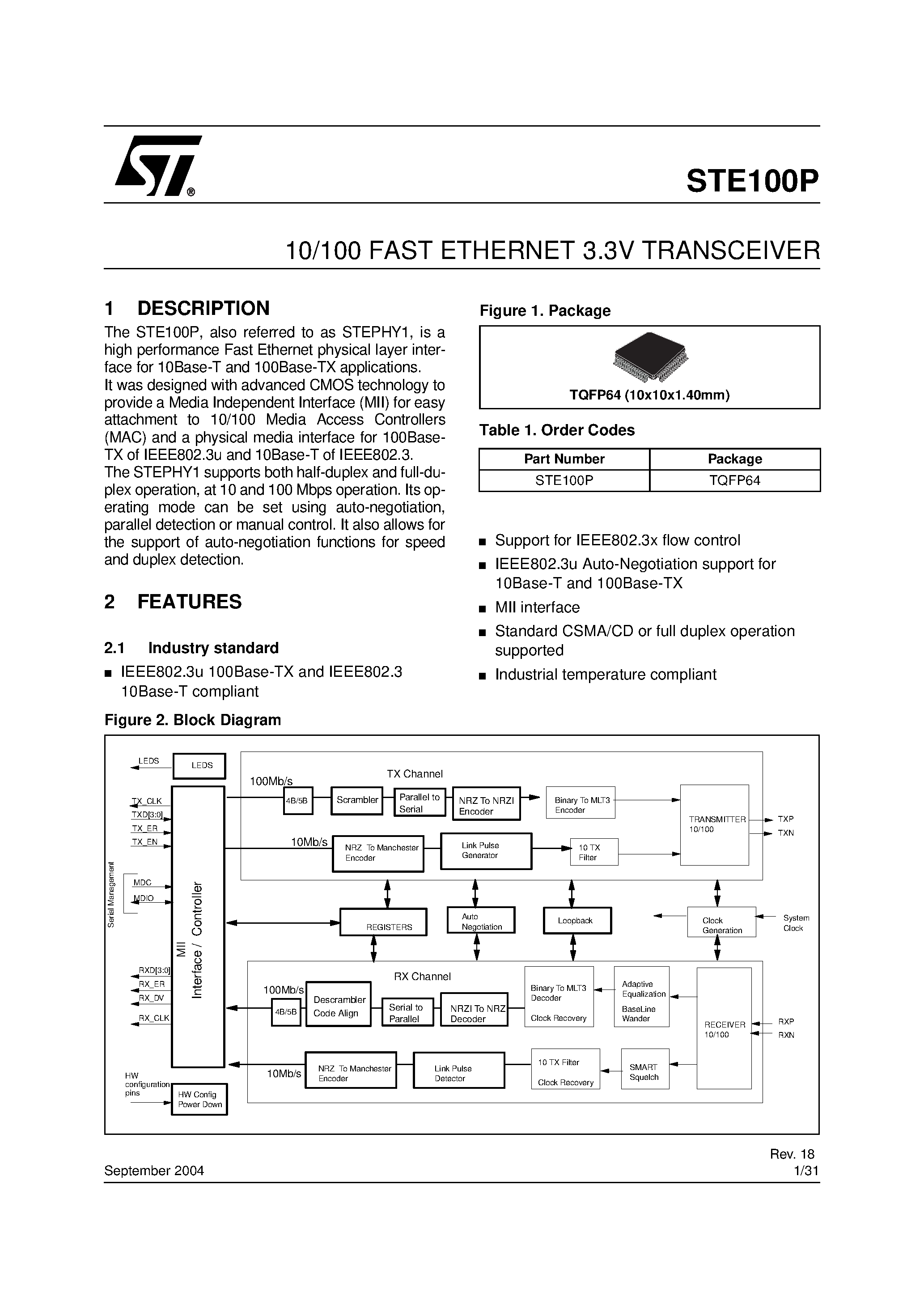 Datasheet STE100P page 1 Datasheet STE100P - 10/100 FAST ETHERNET 3.3V TRANSCEIVER page 1
