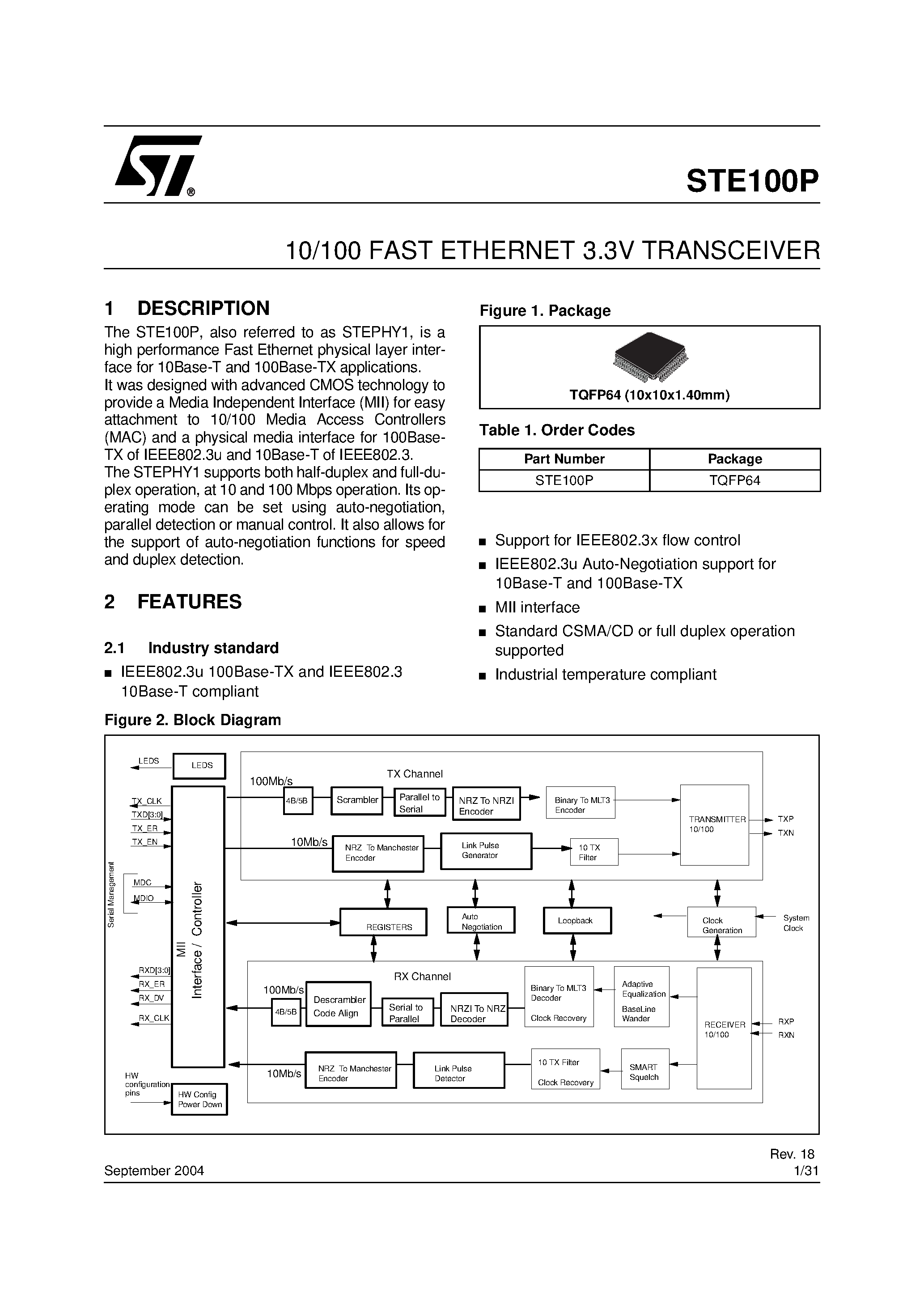 Datasheet STE100P - 10/100 FAST ETHERNET 3.3V TRANSCEIVER page 1