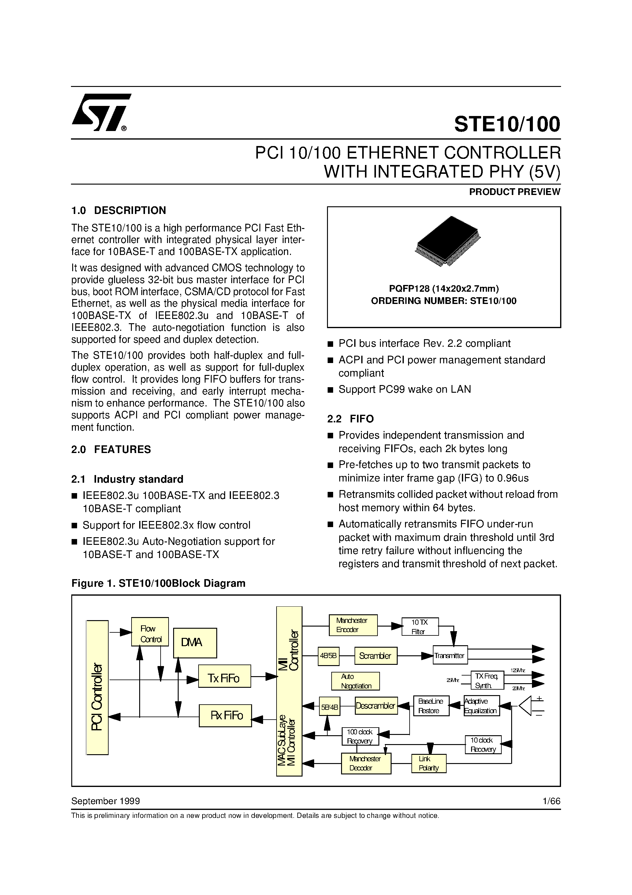 Даташит STE10/100 - PCI 10/100 ETHERNET CONTROLLER WITH INTEGRATED PHY 5V страница 1