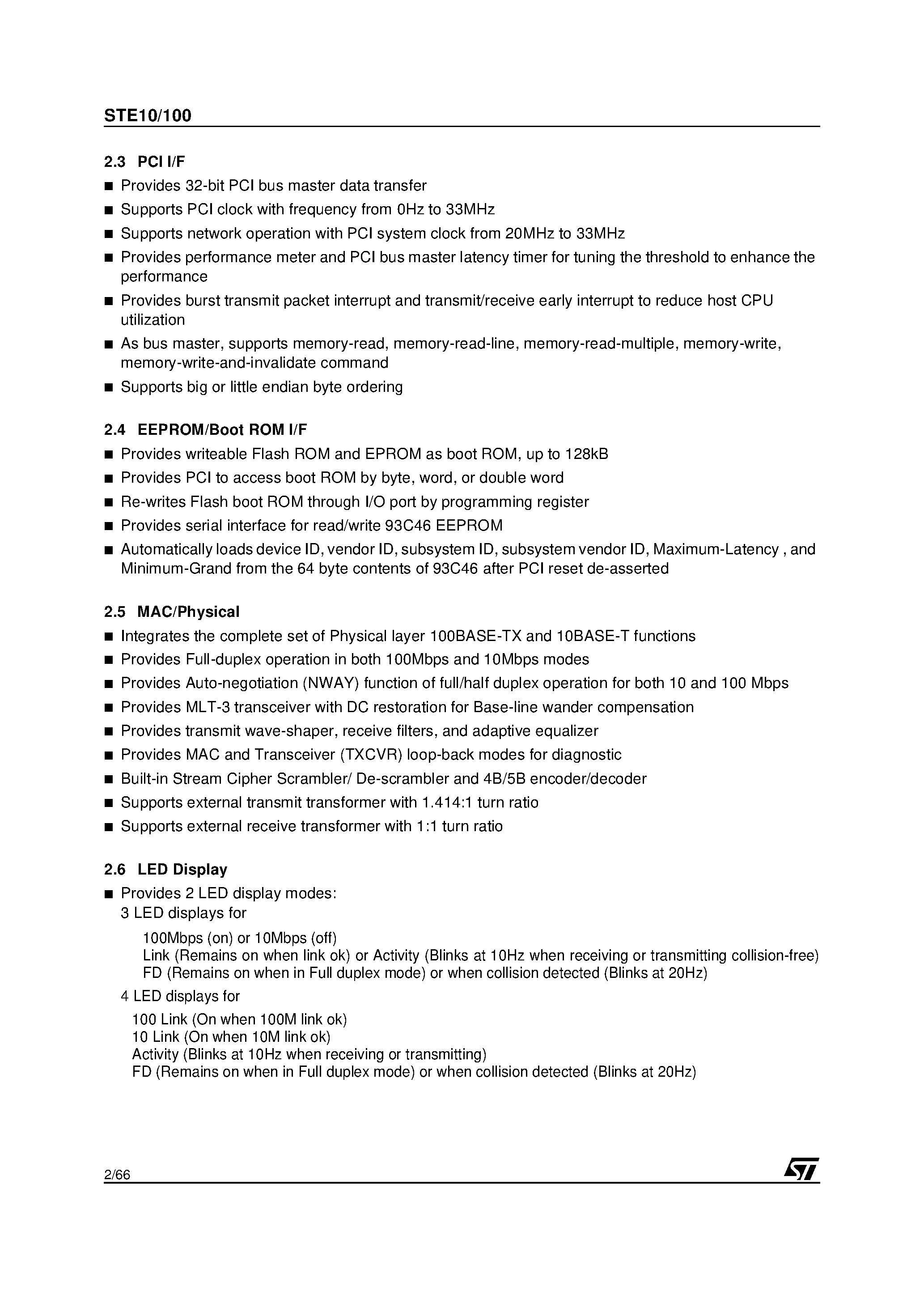 Datasheet STE10/100 page 2 Datasheet STE10/100 - PCI 10/100 ETHERNET CONTROLLER WITH INTEGRATED PHY 5V page 2