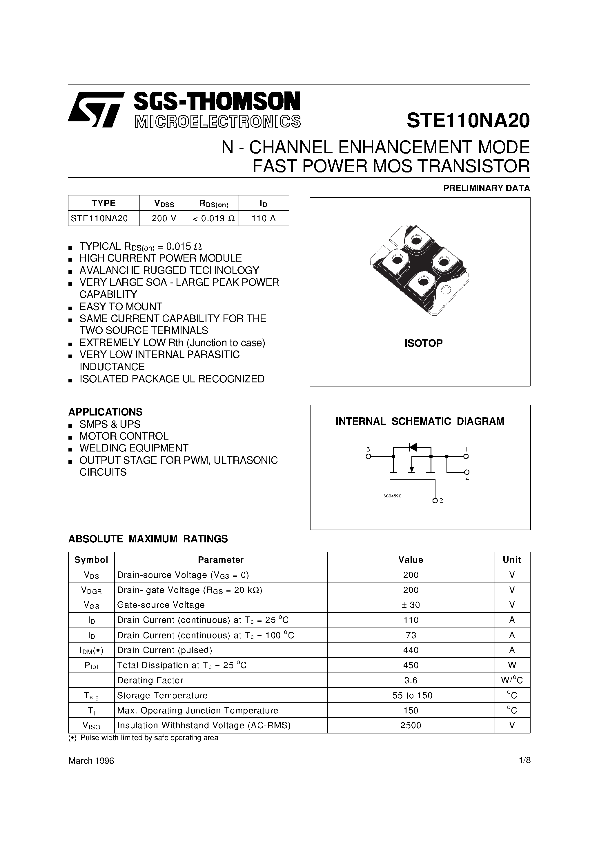 Datasheet STE110NA20 page 1 Datasheet STE110NA20 - N-CHANNEL ENHANCEMENT MODE FAST POWER MOS TRANSISTOR page 1
