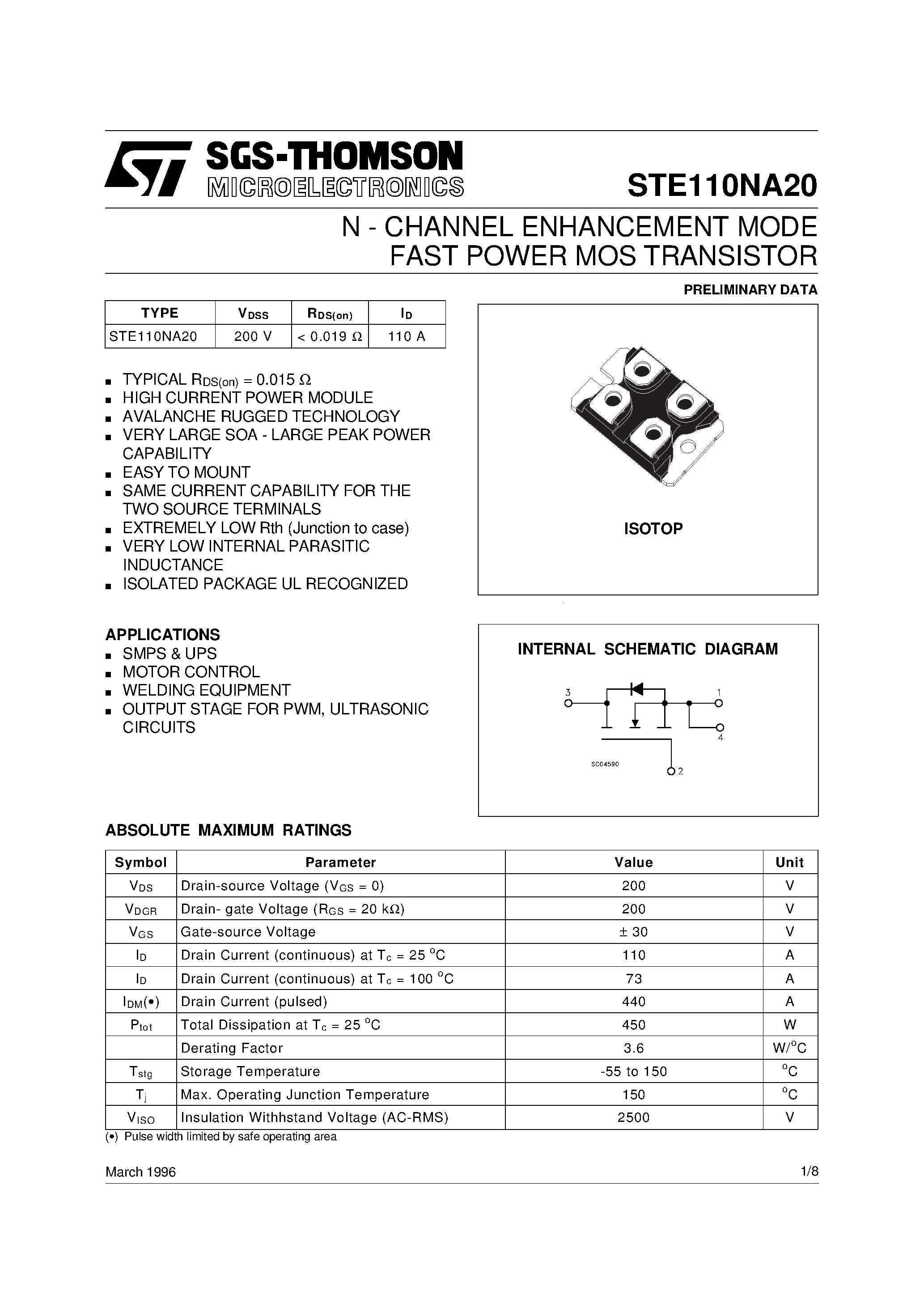 Datasheet STE110NA20 - N-CHANNEL ENHANCEMENT MODE FAST POWER MOS TRANSISTOR page 1