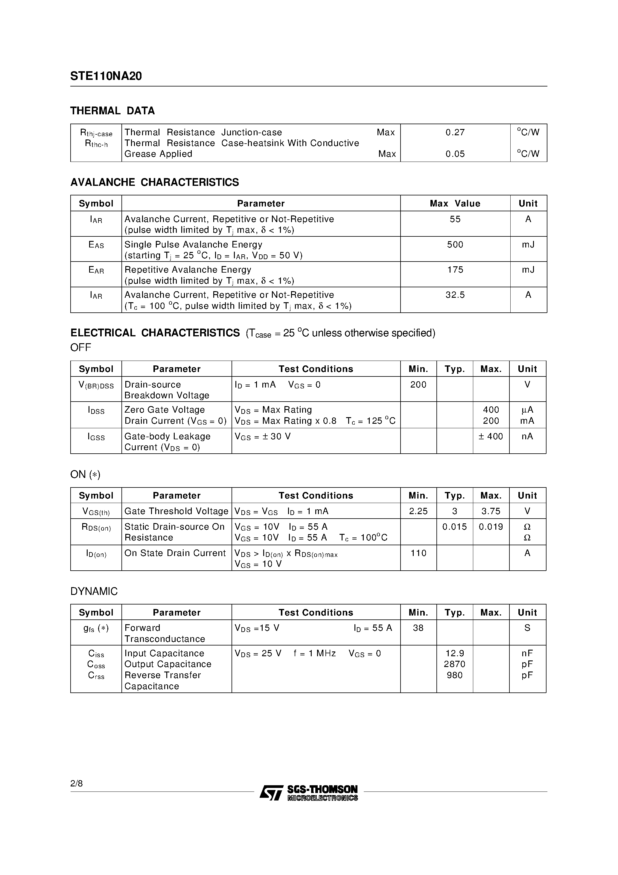 Datasheet STE110NA20 page 2 Datasheet STE110NA20 - N-CHANNEL ENHANCEMENT MODE FAST POWER MOS TRANSISTOR page 2