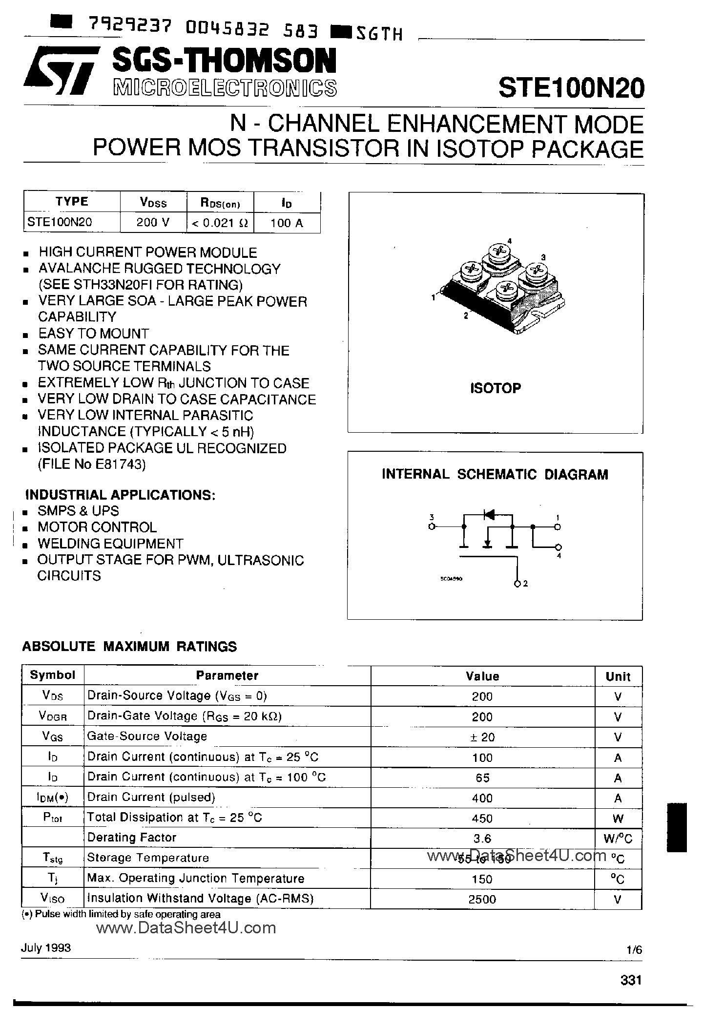 Datasheet STE100N20 page 1 Datasheet STE100N20 - N-CHANNEL ENHANCEMENT MODE Power MOS Transistor page 1