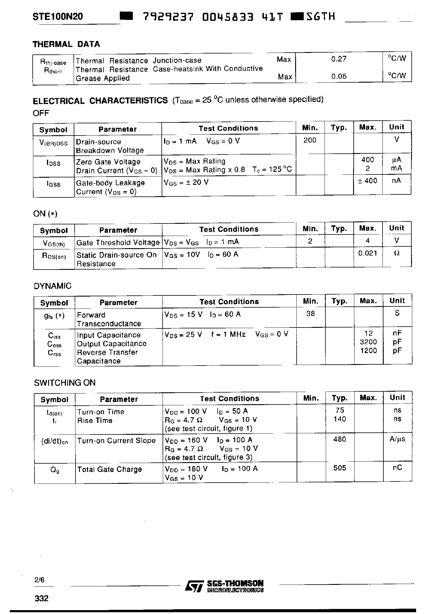 Datasheet STE100N20 page 2 Datasheet STE100N20 - N-CHANNEL ENHANCEMENT MODE Power MOS Transistor page 2