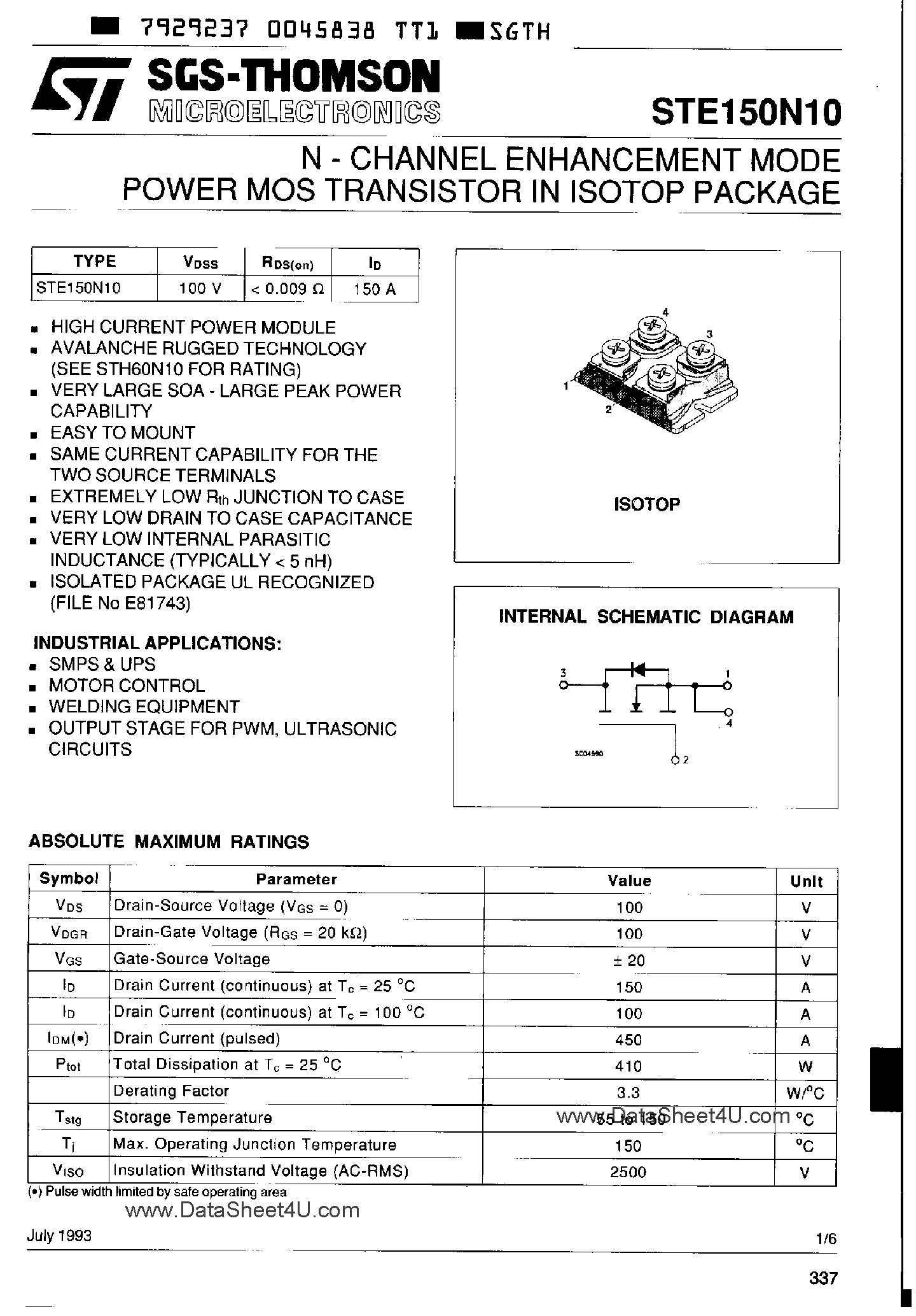 Datasheet STE150N10 page 1 Datasheet STE150N10 - N-CHANNEL ENHANCEMENT MODE Power MOS Transistor page 1