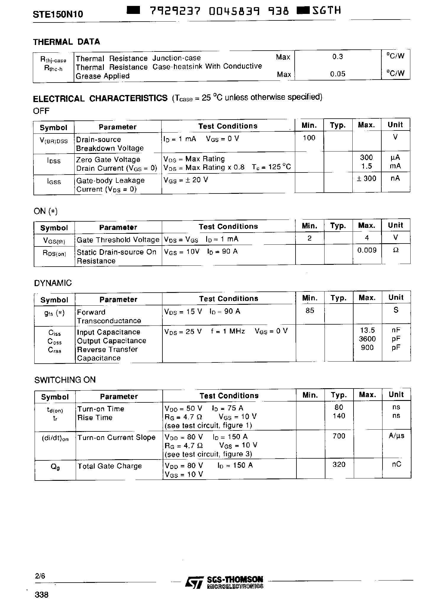 Datasheet STE150N10 page 2 Datasheet STE150N10 - N-CHANNEL ENHANCEMENT MODE Power MOS Transistor page 2
