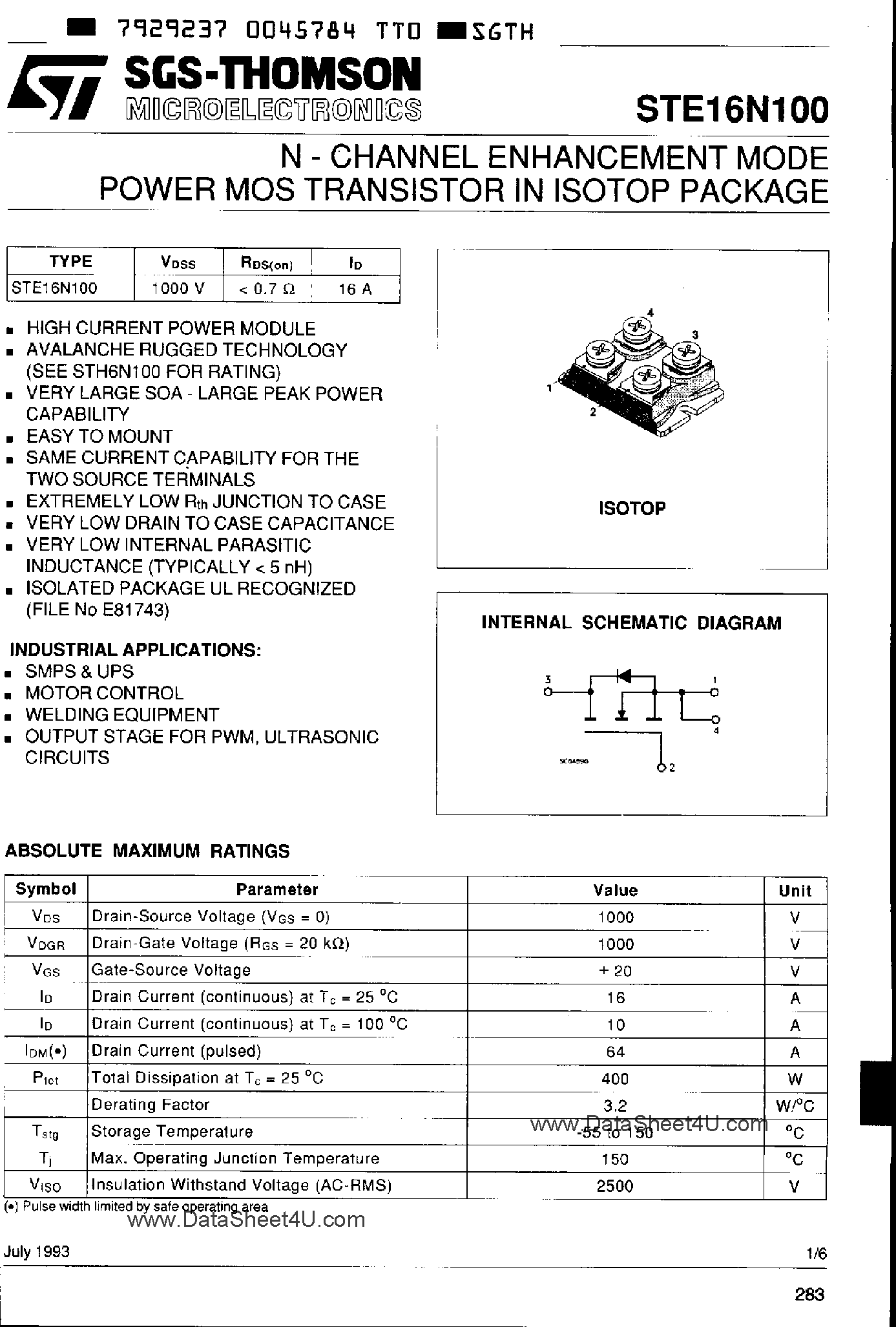 Datasheet STE16N100 page 1 Datasheet STE16N100 - N-CHANNEL ENHANCEMENT MODE Power MOS Transistor page 1