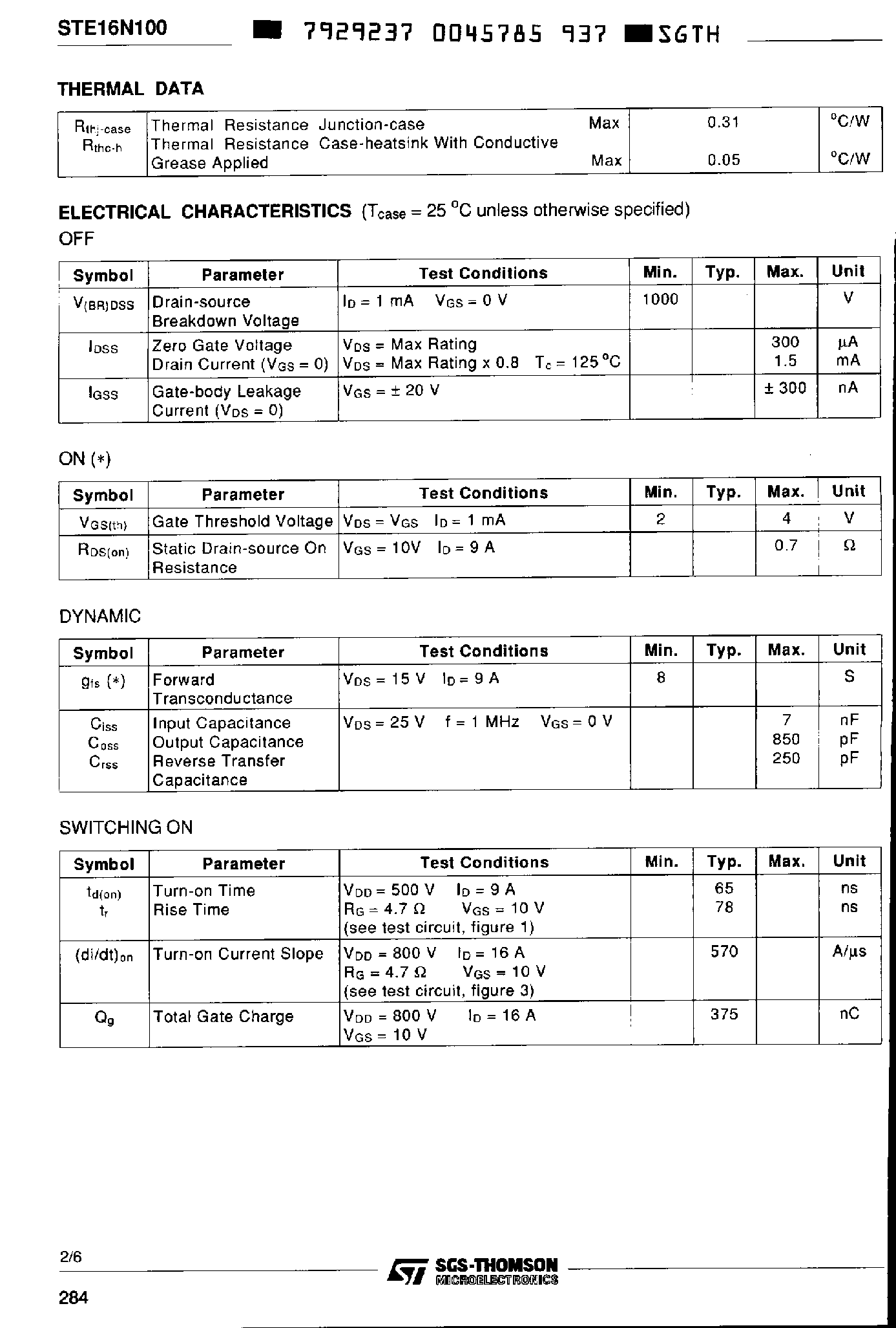 Datasheet STE16N100 page 2 Datasheet STE16N100 - N-CHANNEL ENHANCEMENT MODE Power MOS Transistor page 2