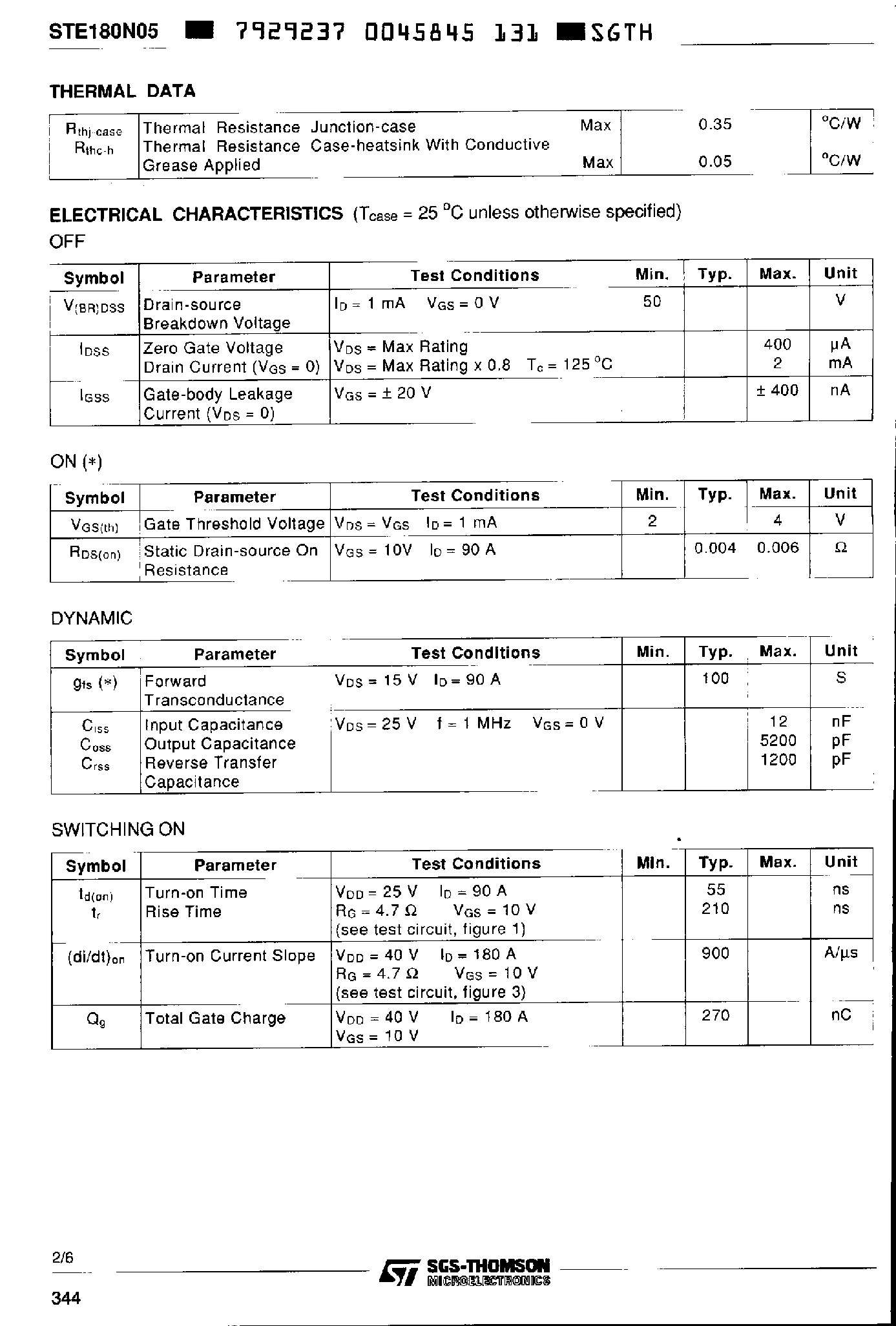 Datasheet STE180N05 page 2 Datasheet STE180N05 - N-CHANNEL ENHANCEMENT MODE Power MOS Transistor page 2