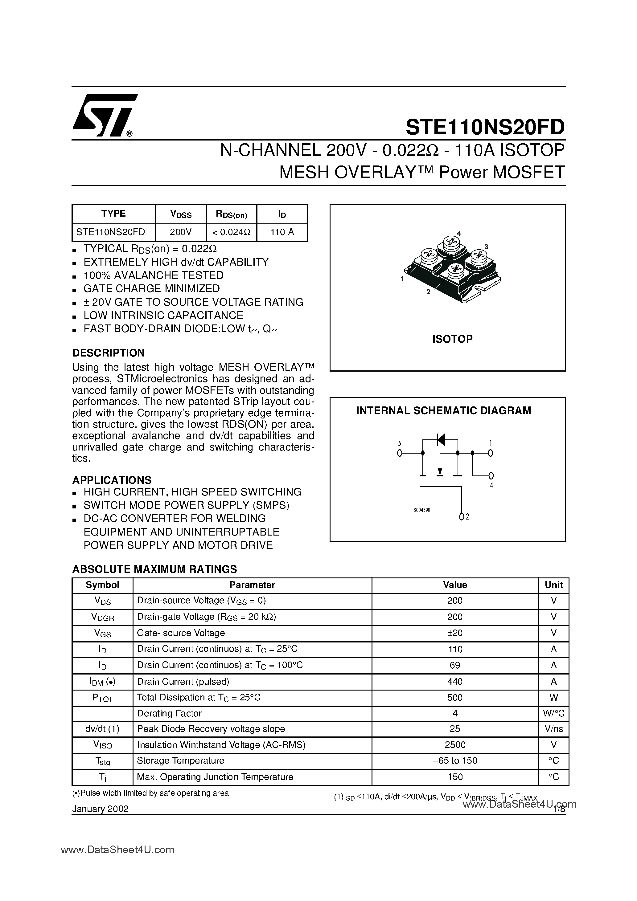 Даташит STE110NS20FD - N-Channel Power MOSFET страница 1
