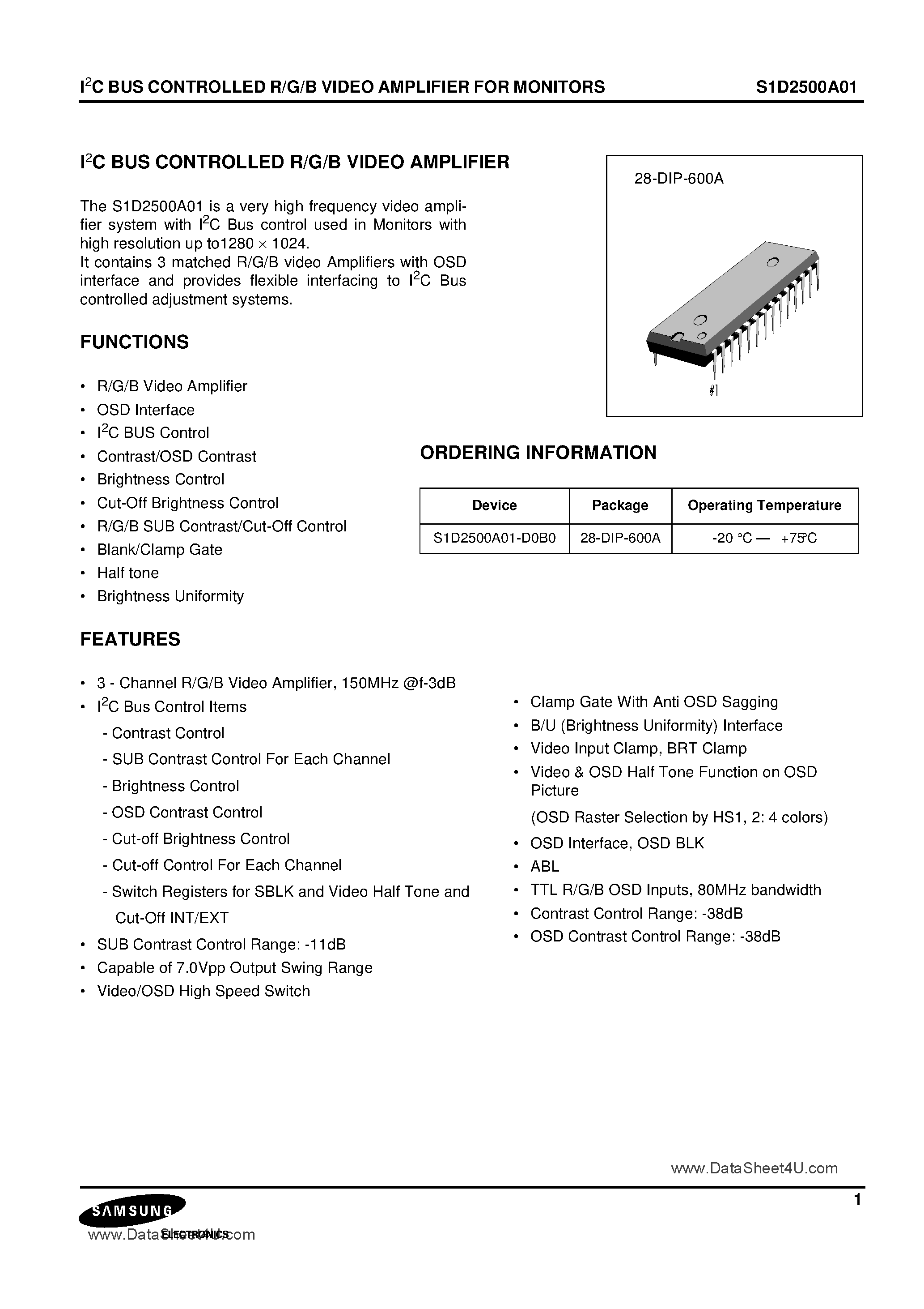 Datasheet S1D2500A01 - I2C BUS CONTROLLED R/G/B VIDEO AMPLIFIER page 1