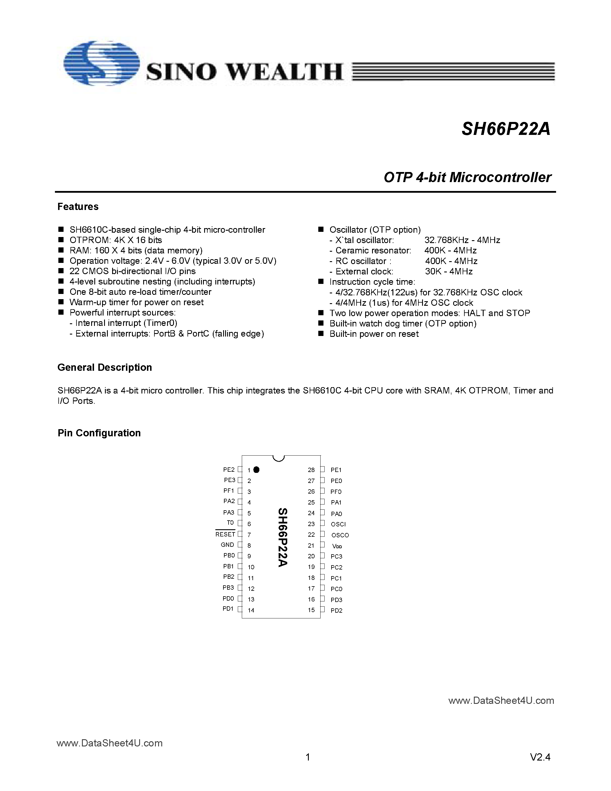 Datasheet SH66P22A - OTP 4-Bit Microcontroller page 1