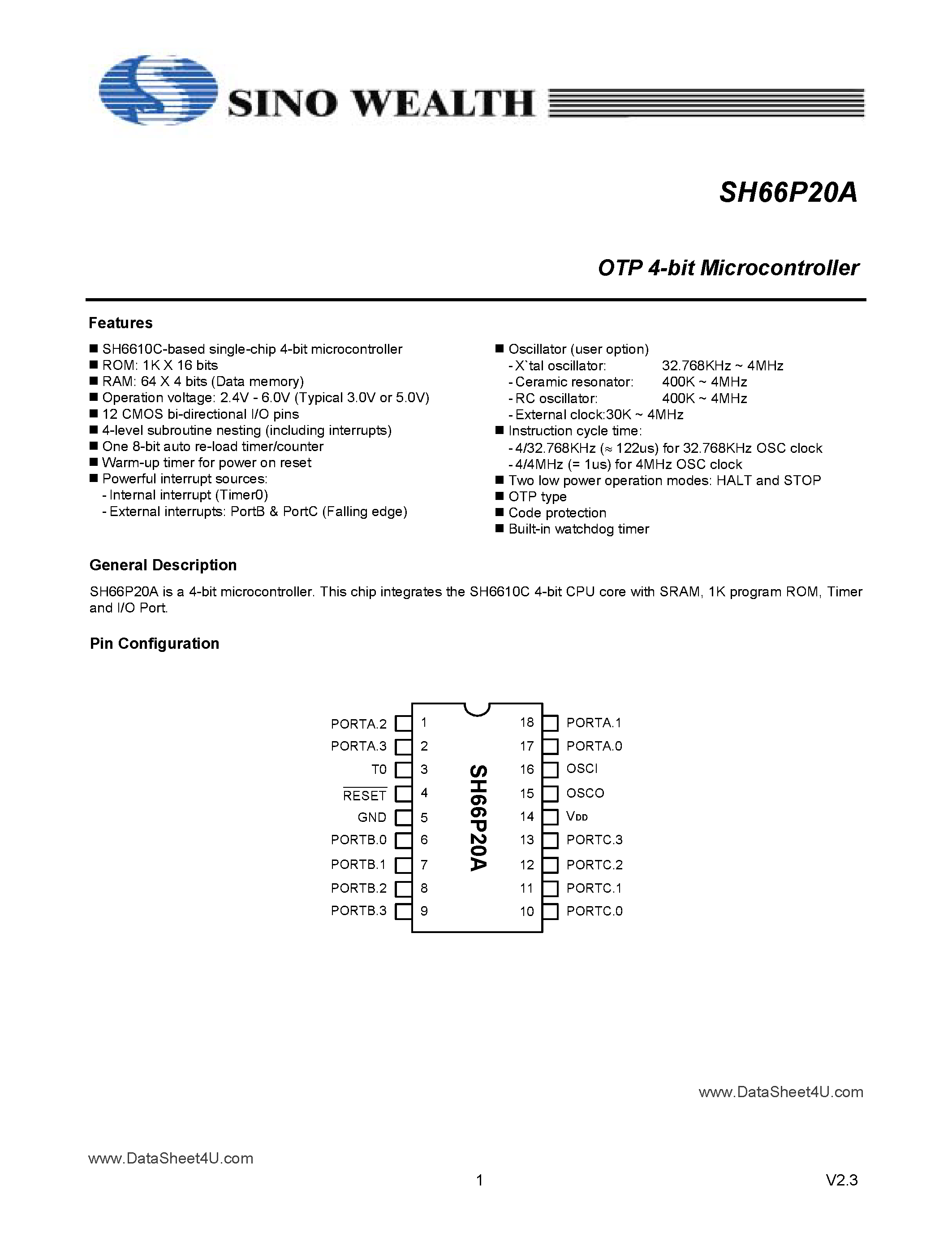 Datasheet SH66P20A - OTP 4-Bit Microcontroller page 1