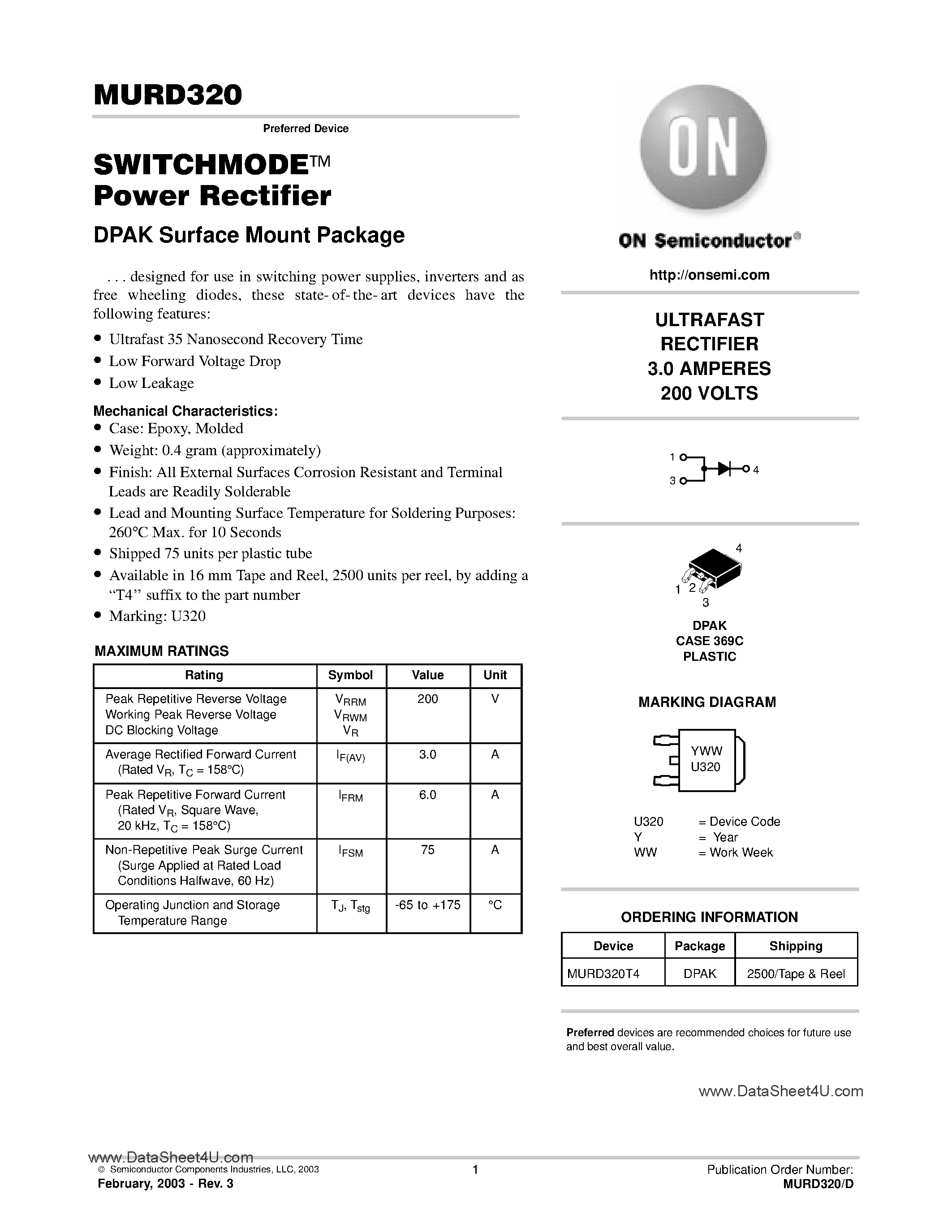 Даташит MURD320 - SwitchMode Power Rectifier страница 1