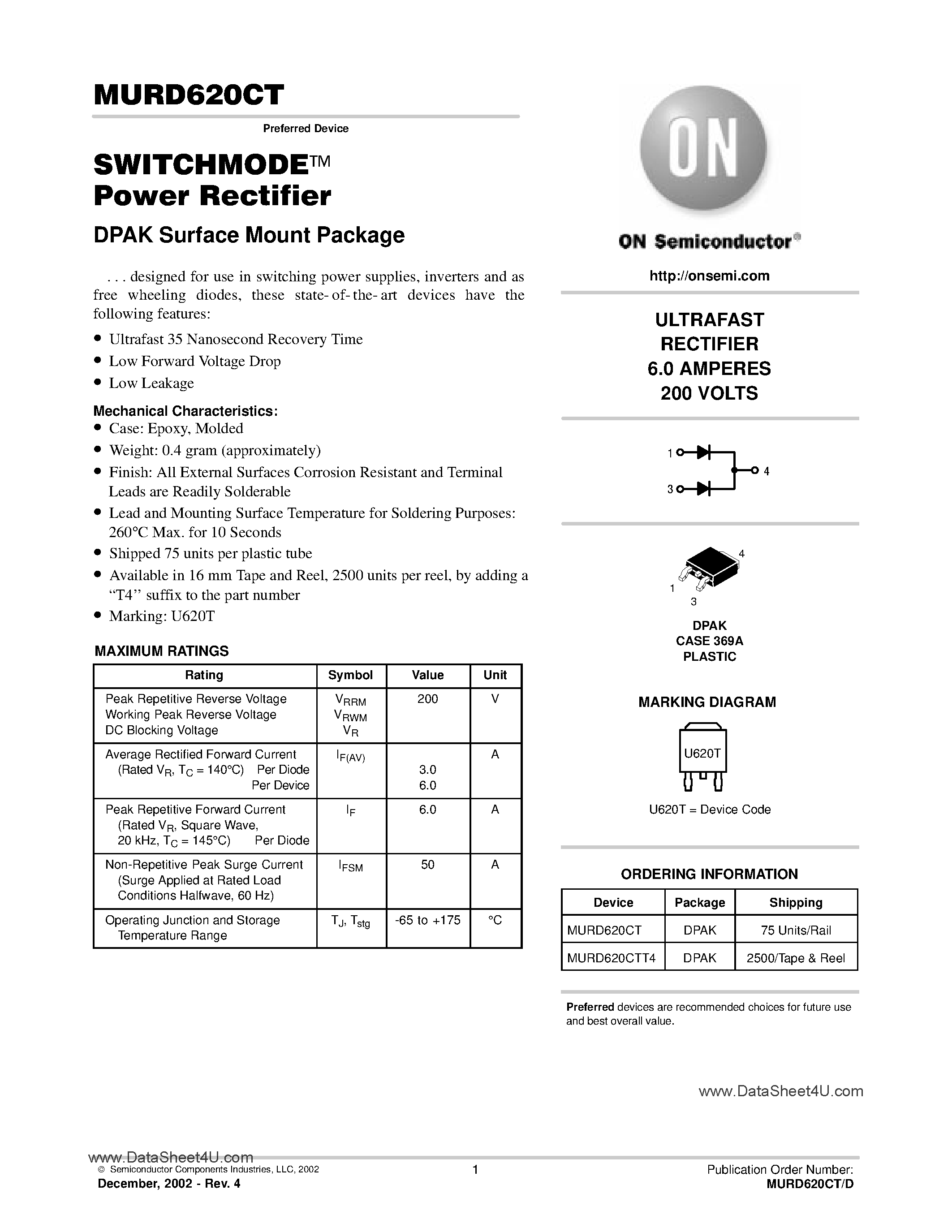 Даташит MURD620CT - SwitchMode Power Rectifier страница 1