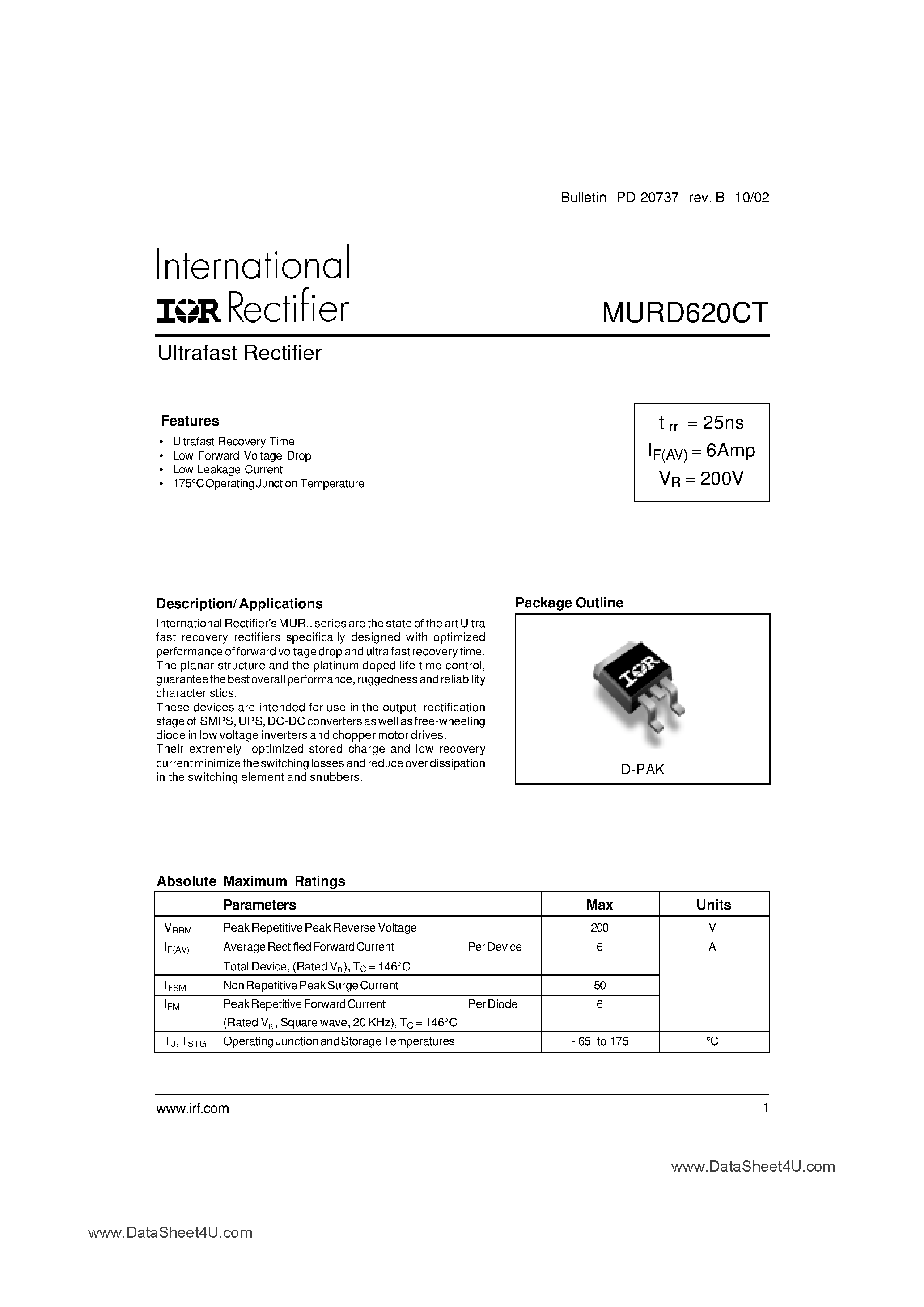 Datasheet MURD620CT - Ultrafast Rectifier page 1