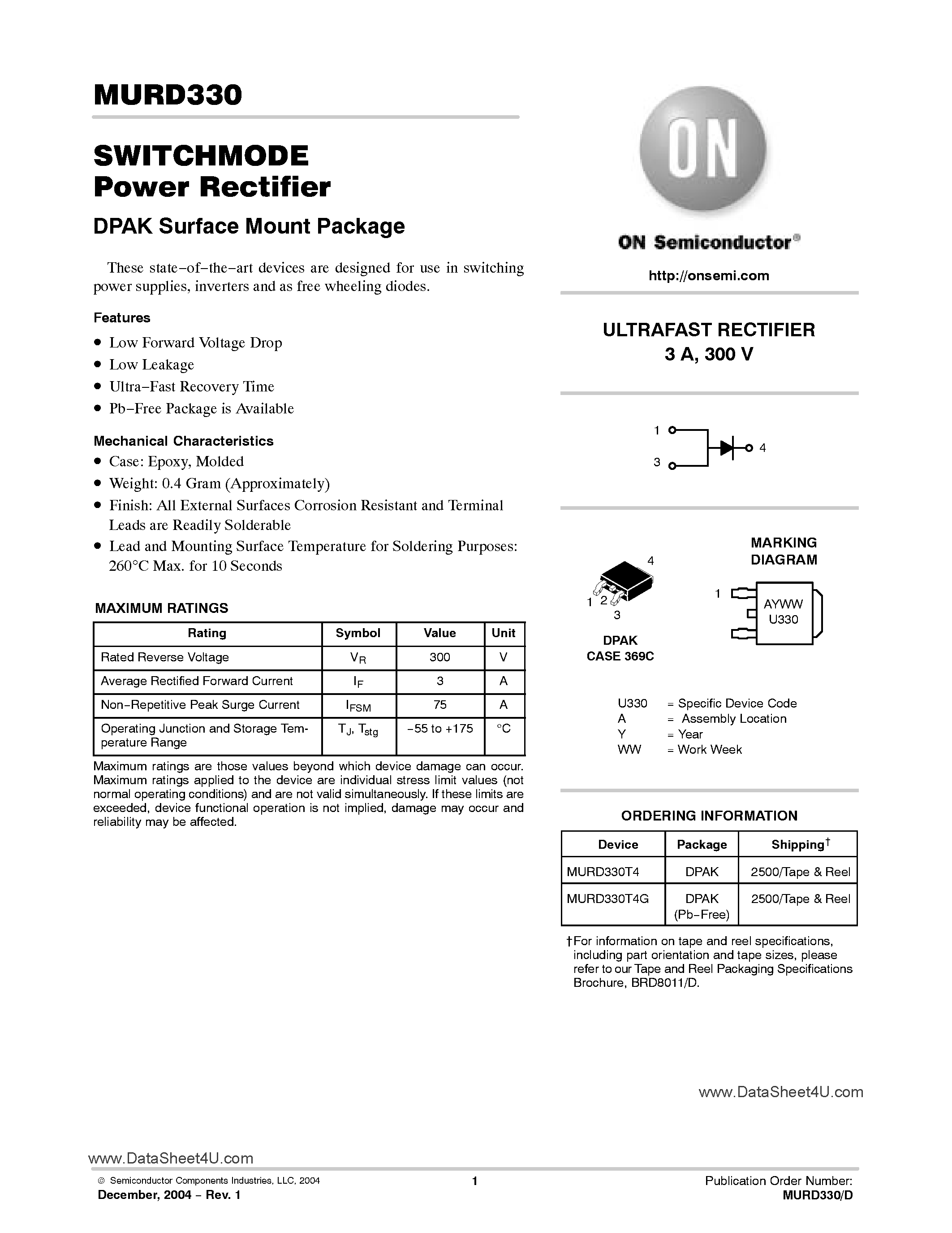 Даташит MURD330 - SwitchMode Power Rectifier страница 1