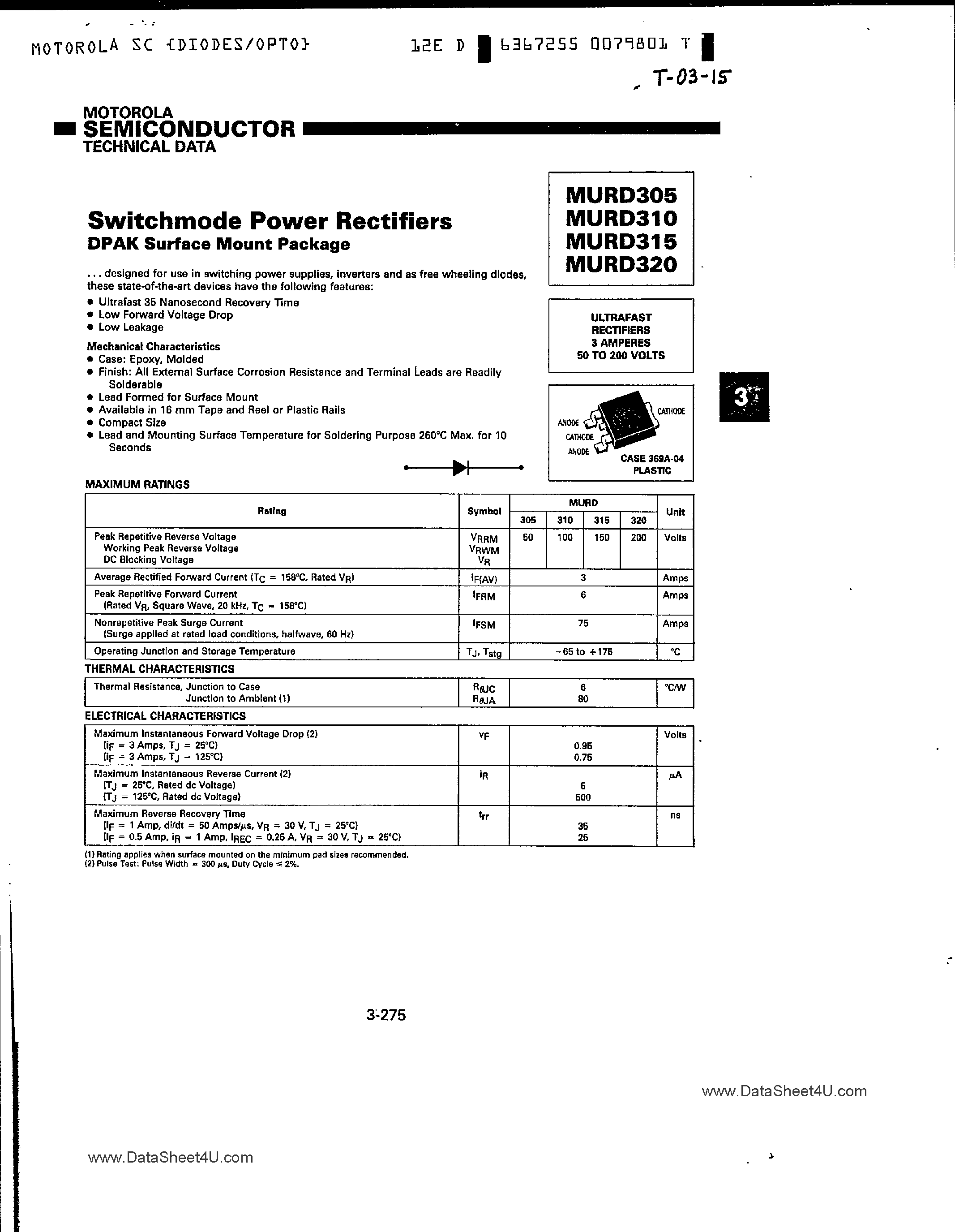 Даташит MURD305 - (MURD305 - MURD320) SwitchMode Power Rectifier страница 1