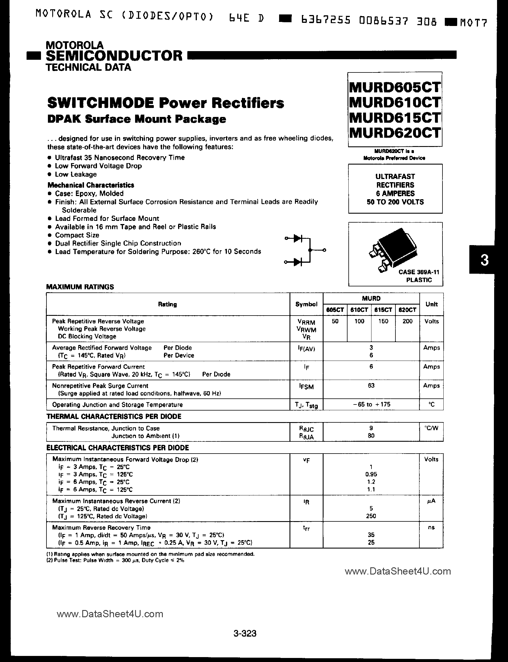 Даташит MURD605CT - (MURD605CT - MURD620CT) SwitchMode Power Rectifier страница 1