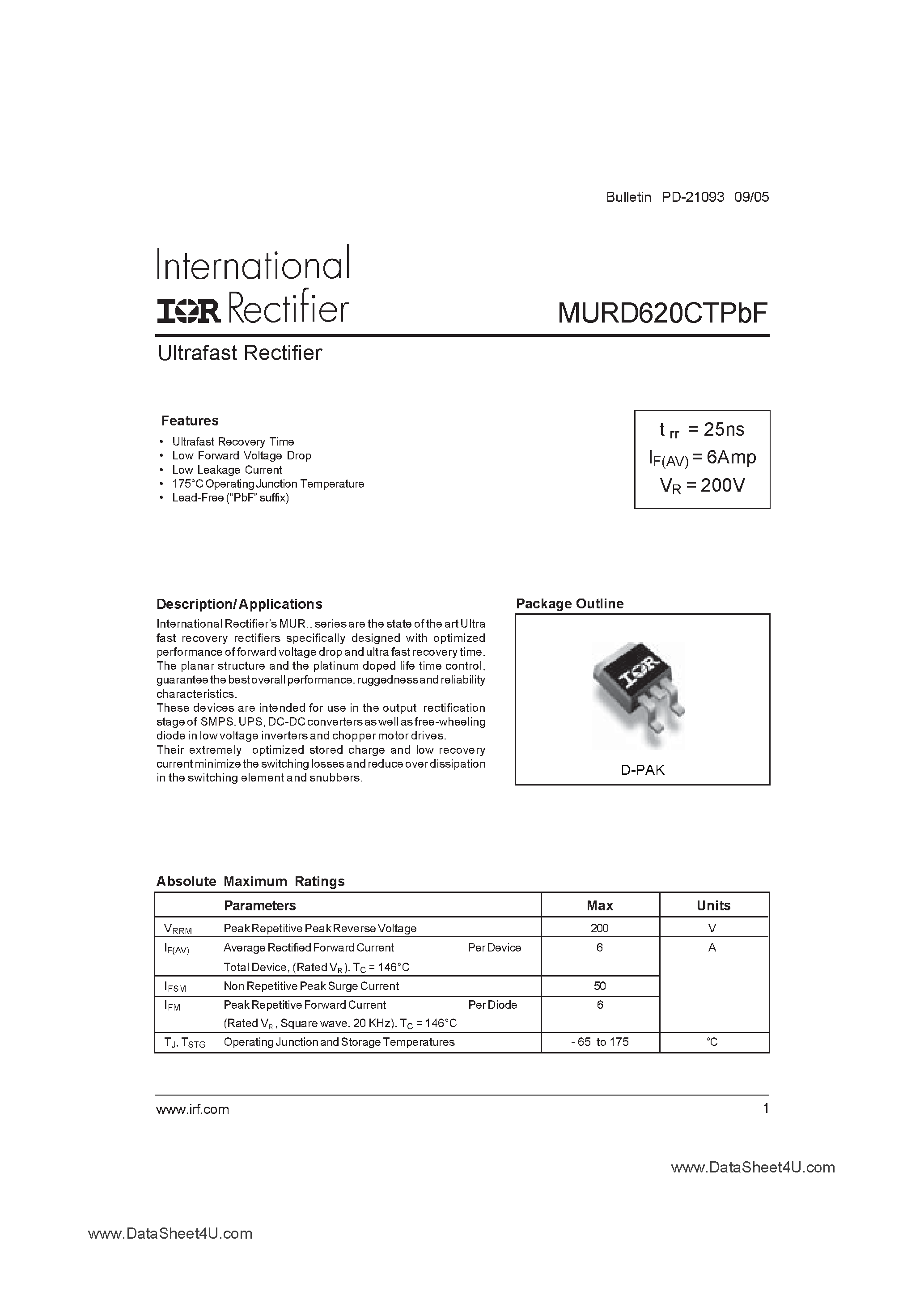 Datasheet MURD620CTPBF - Ultrafast Rectifier page 1