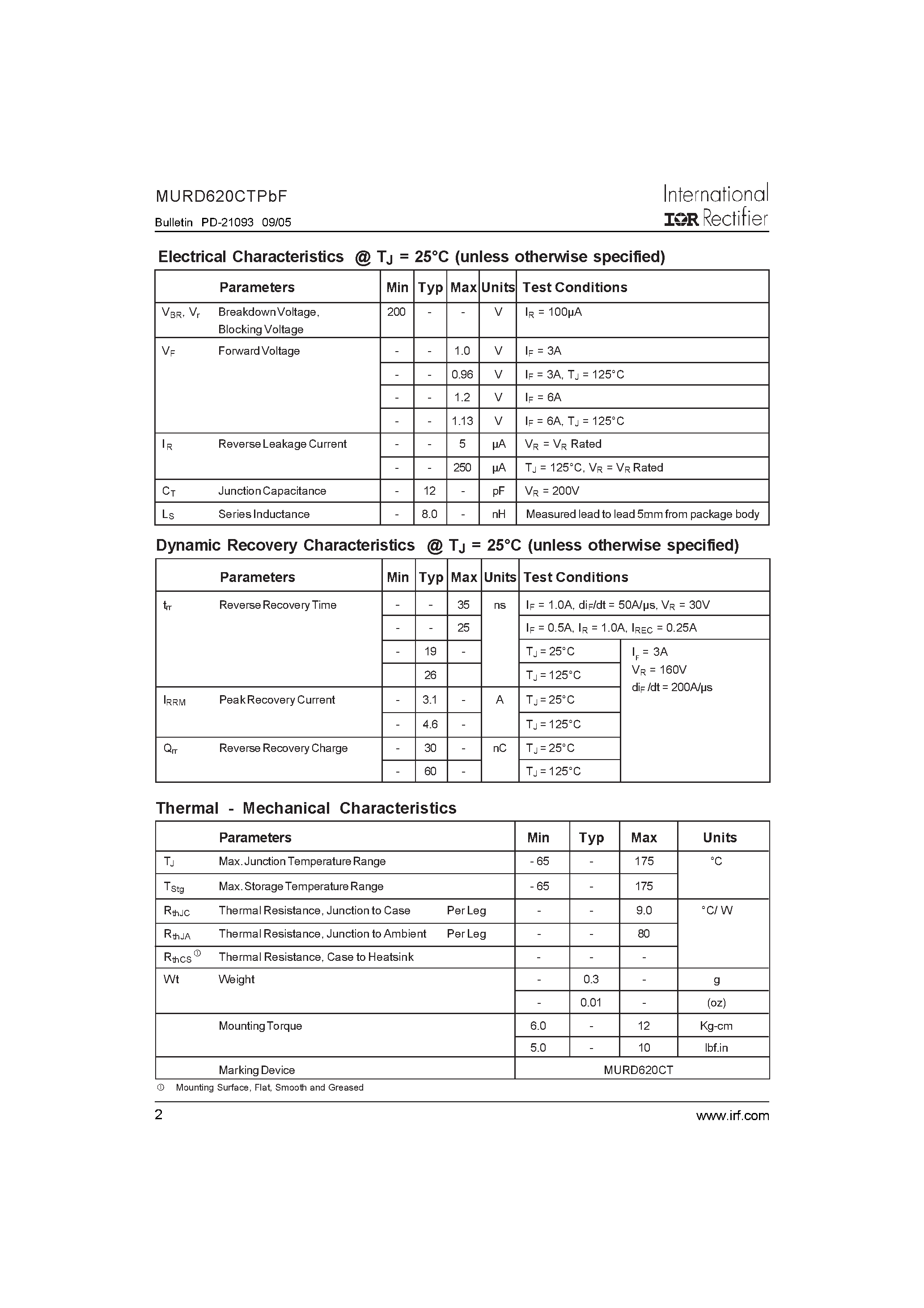 Datasheet MURD620CTPBF - Ultrafast Rectifier page 2