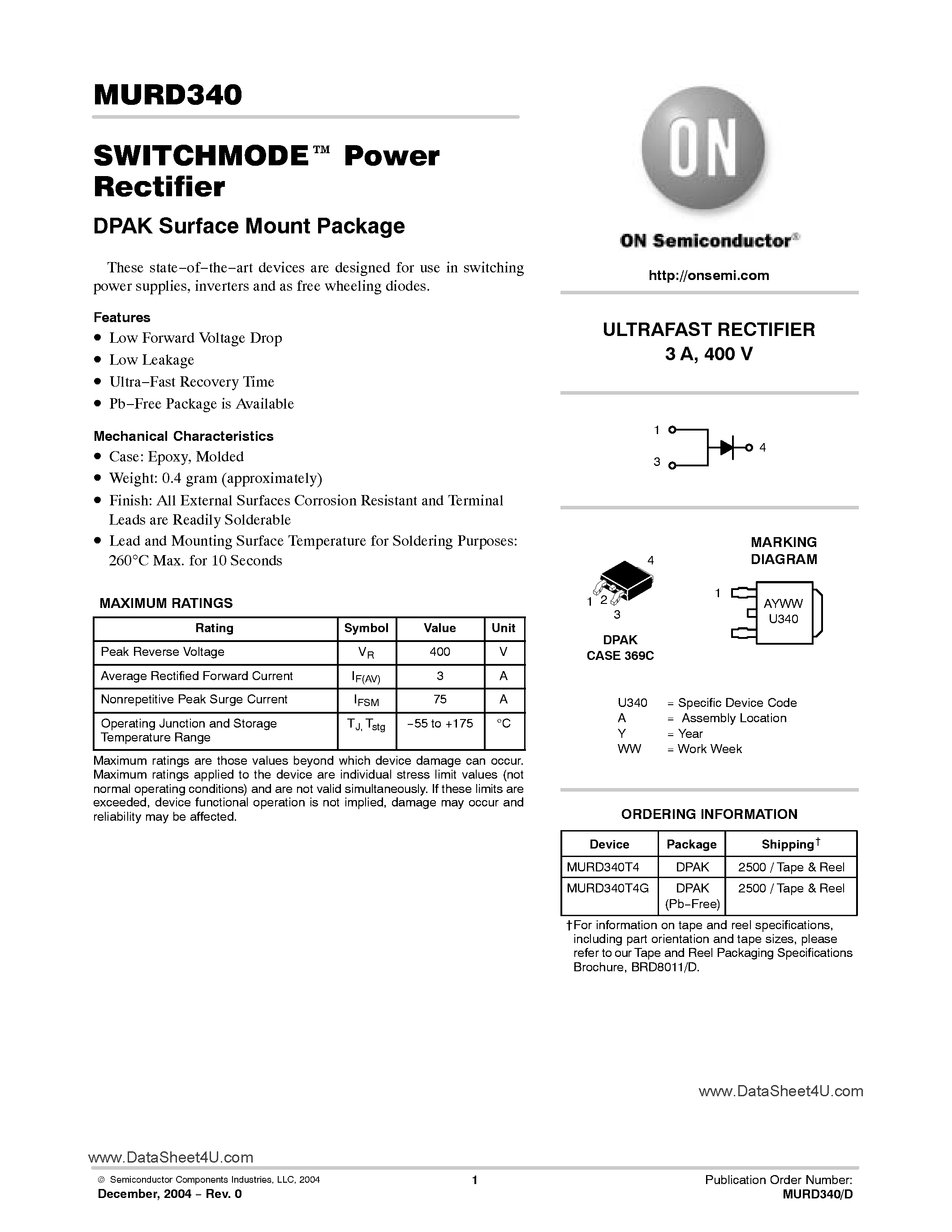 Даташит MURD340 - SwitchMode Power Rectifier страница 1