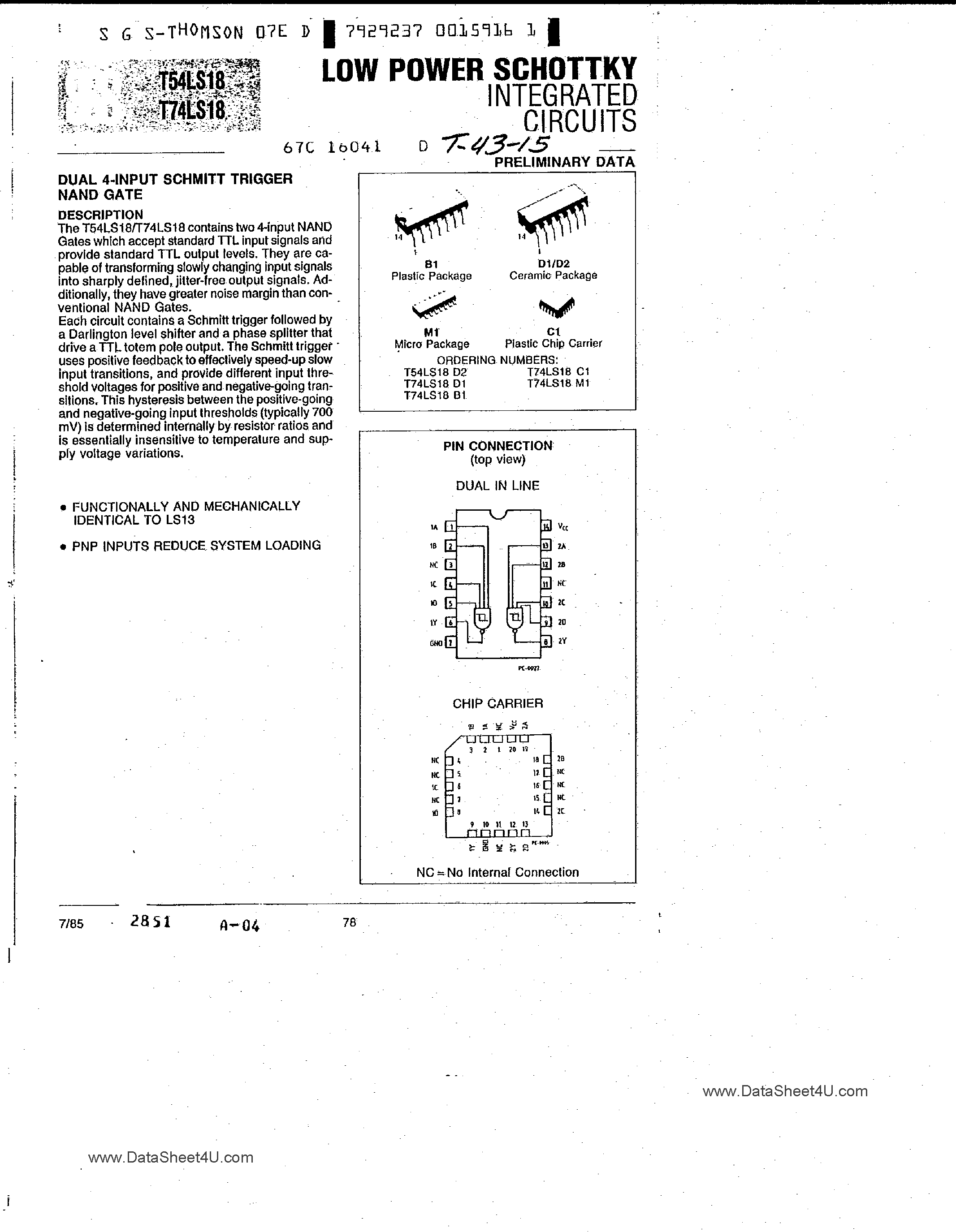 Datasheet T74LS18 - Dual 4-Input Schmitt Trigger NAND Gate page 1