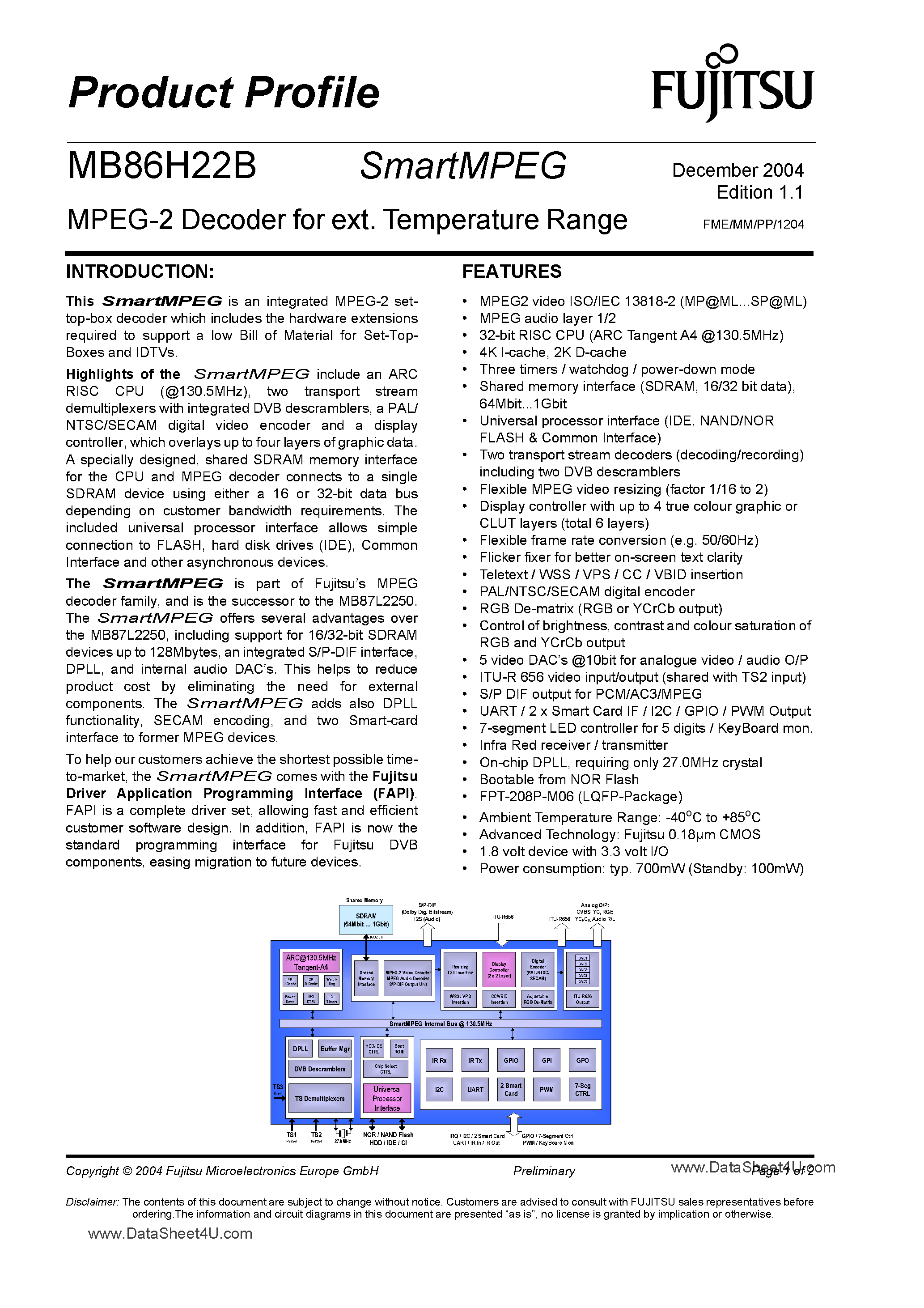 Datasheet MB86H22B - MPEG-2 Decoder page 1