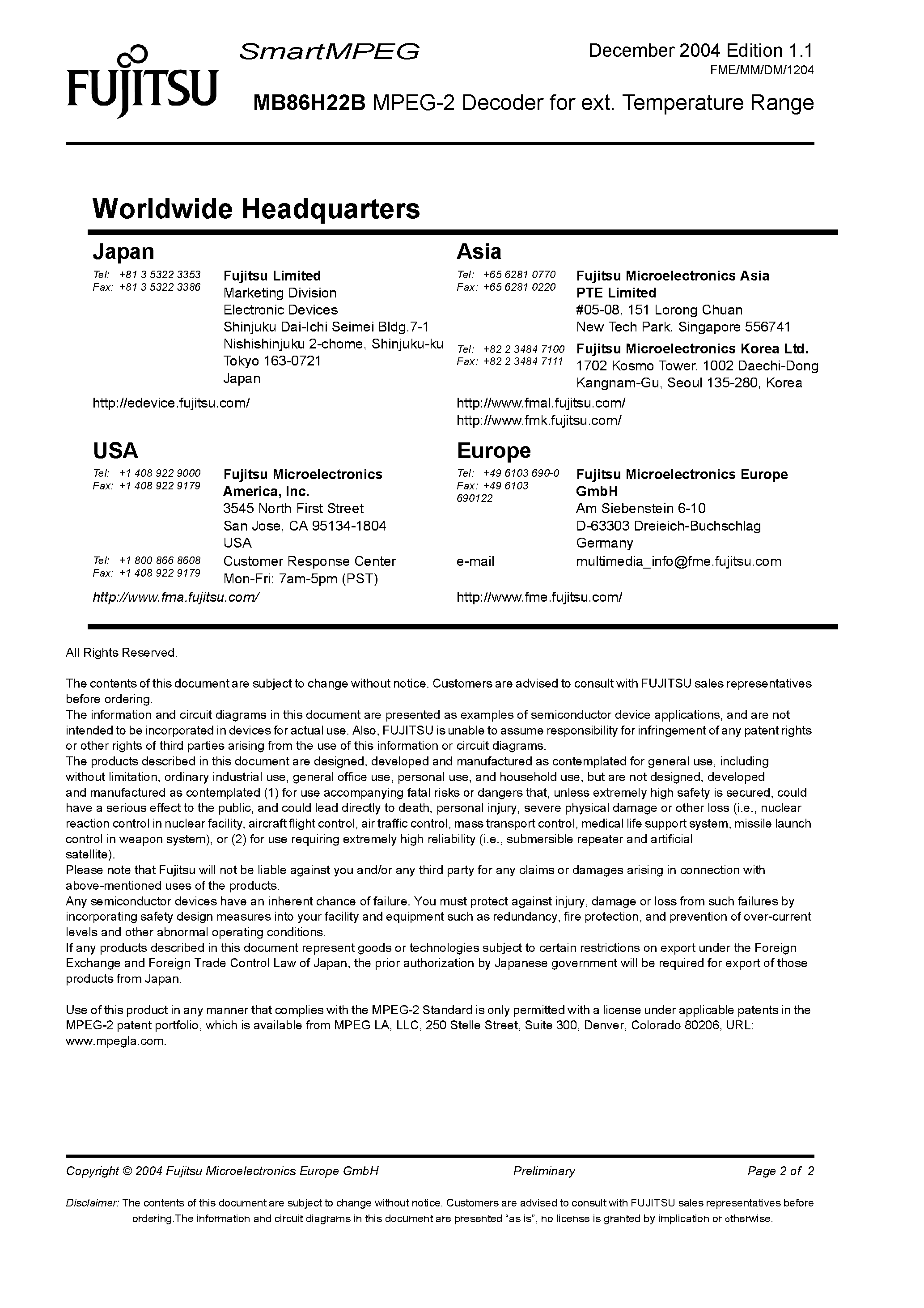 Datasheet MB86H22B - MPEG-2 Decoder page 2