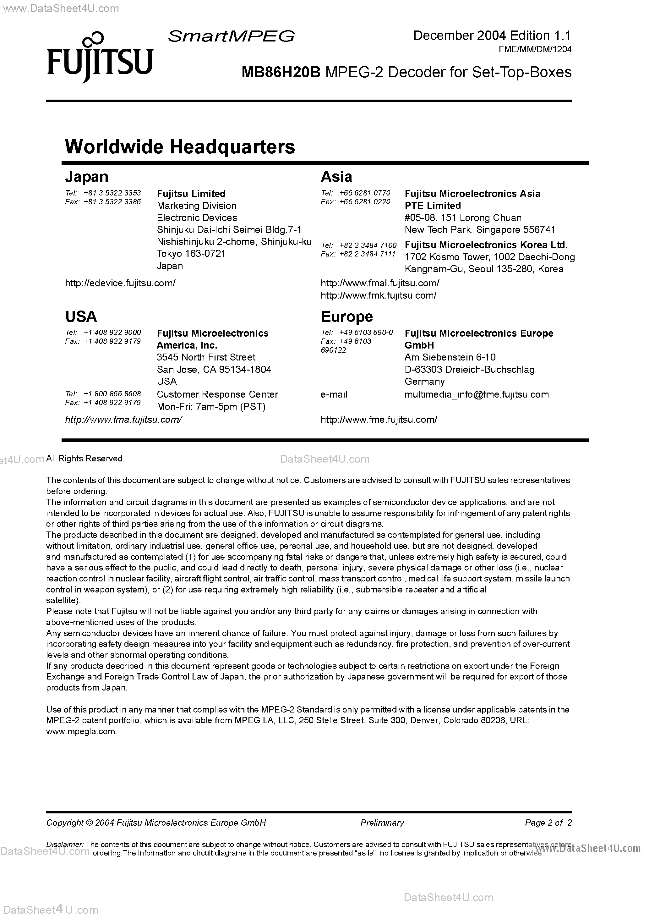 Datasheet MB86H20B - MPEG-2 Decoder page 2