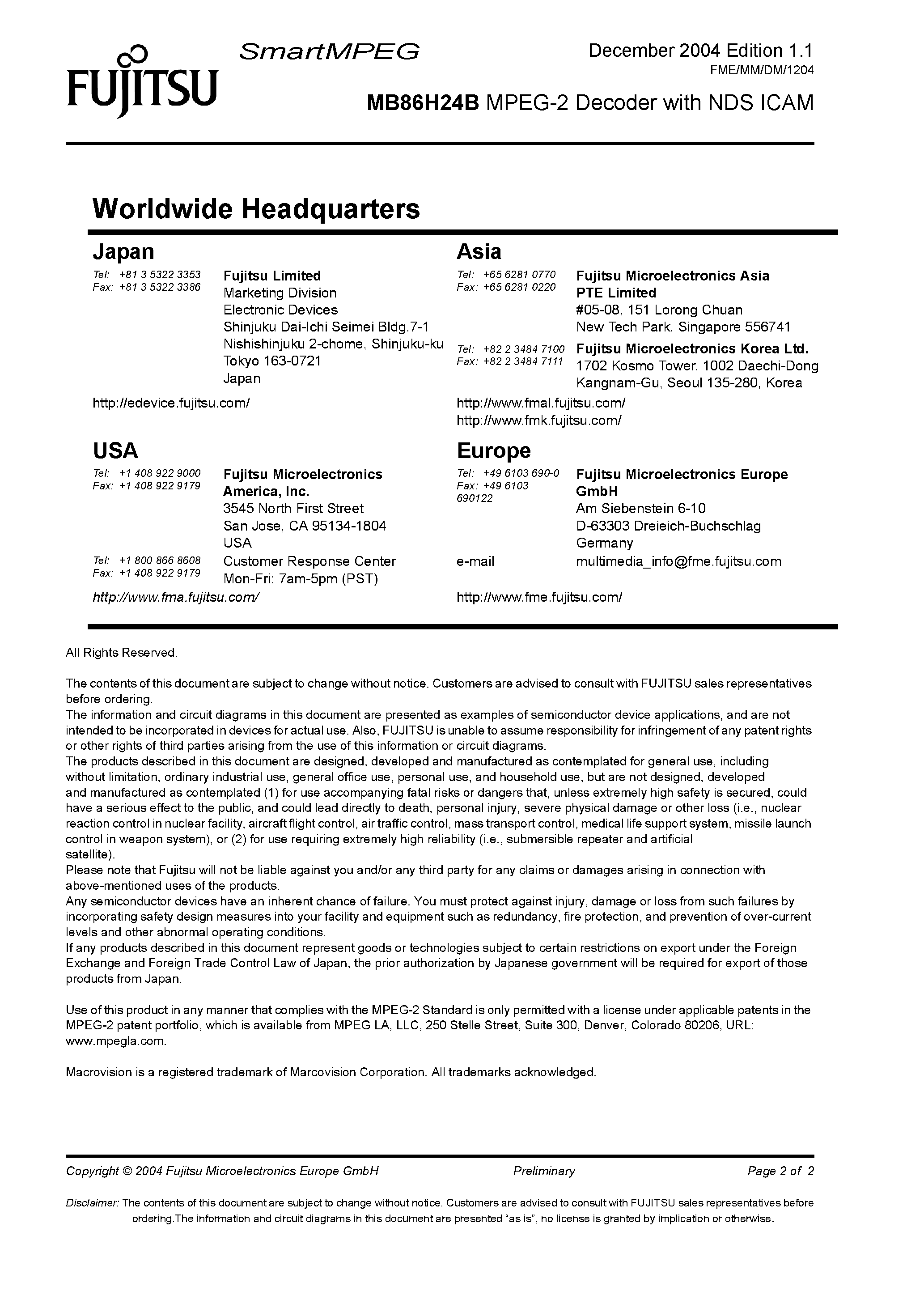 Datasheet MB86H24B - MPEG-2 Decoder page 2