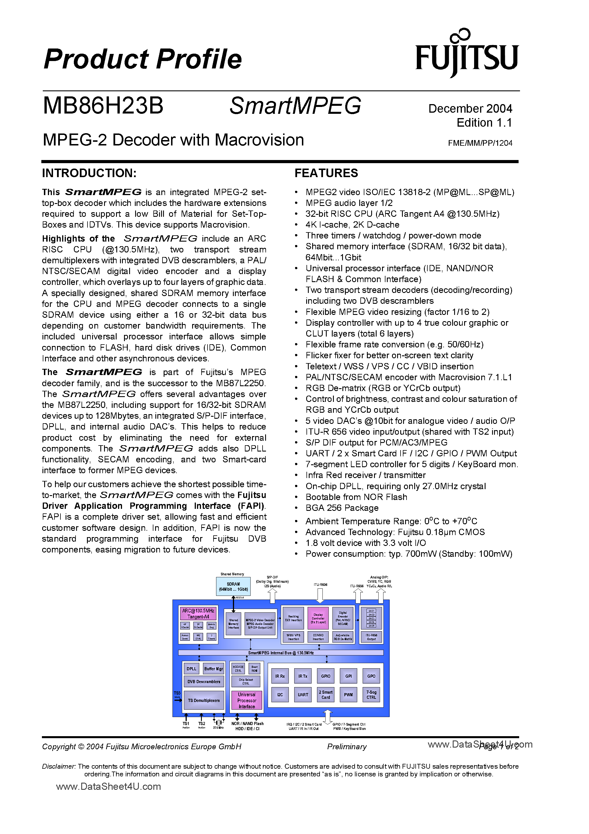 Datasheet MB86H23B - MPEG-2 Decoder page 1