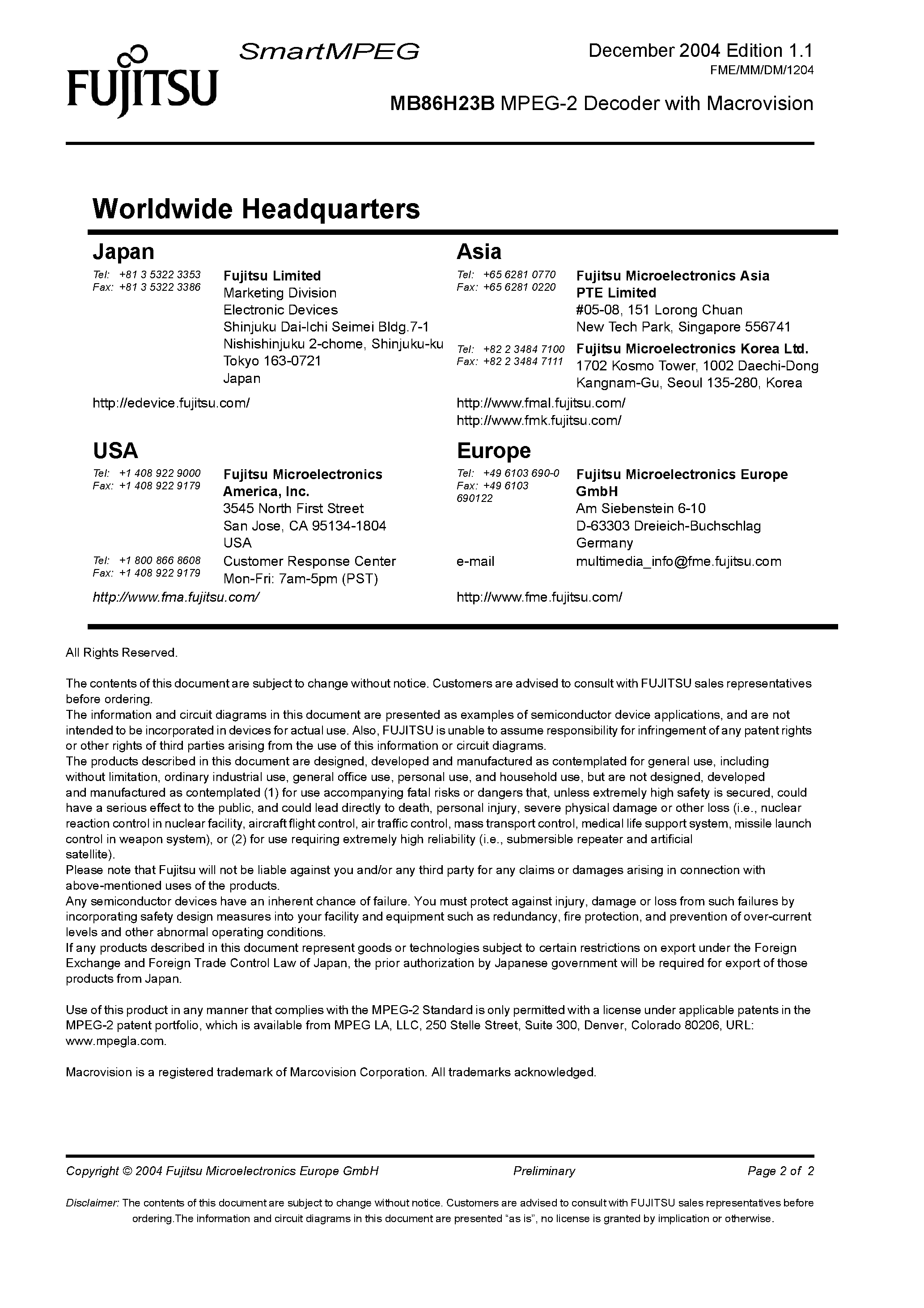 Datasheet MB86H23B - MPEG-2 Decoder page 2