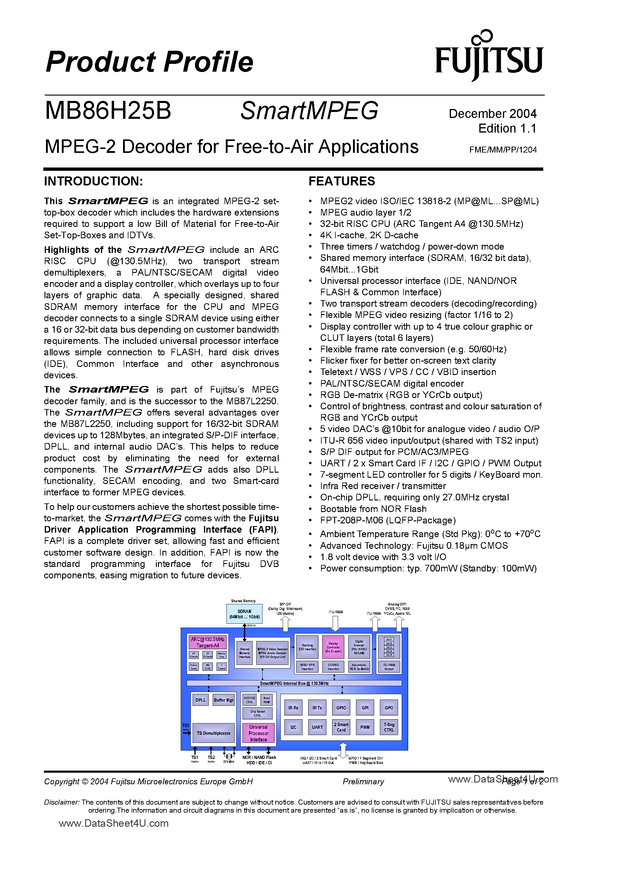 Datasheet MB86H25B - MPEG-2 Decoder page 1