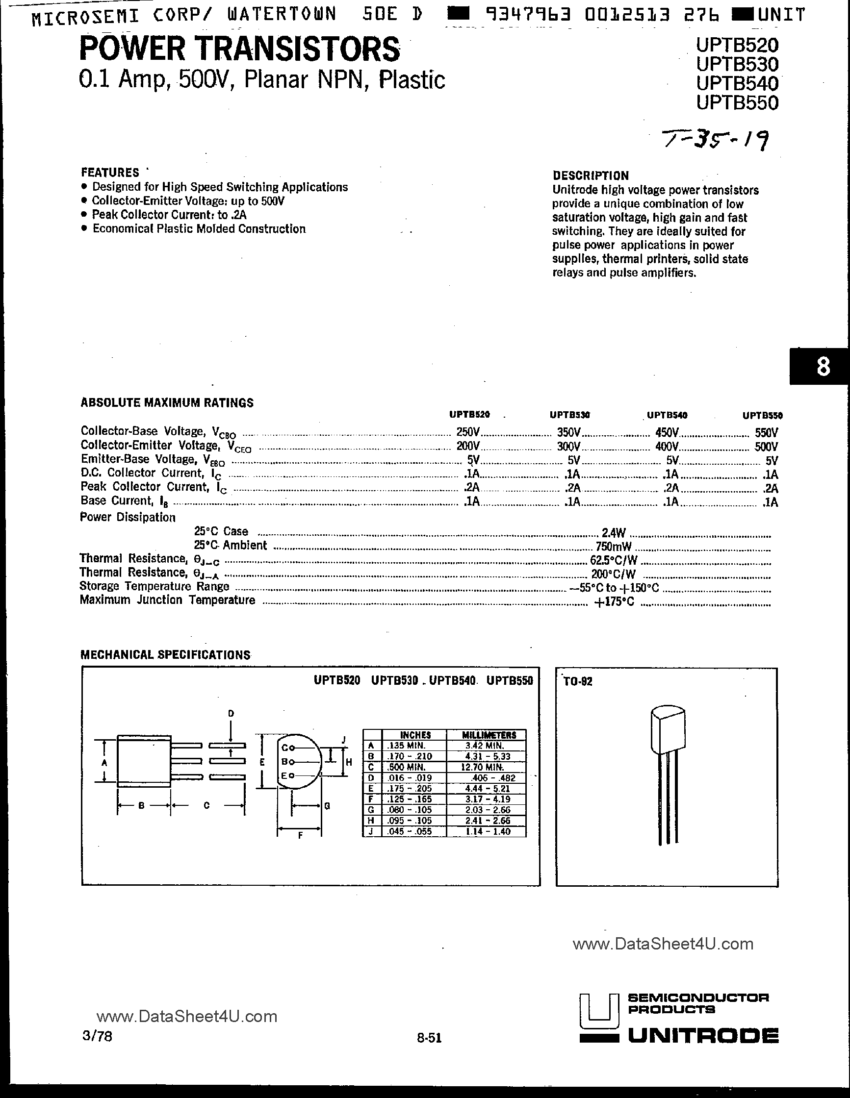 Даташит UPTB520 - (UPTB520 - UPTB550) Power Transistors страница 1
