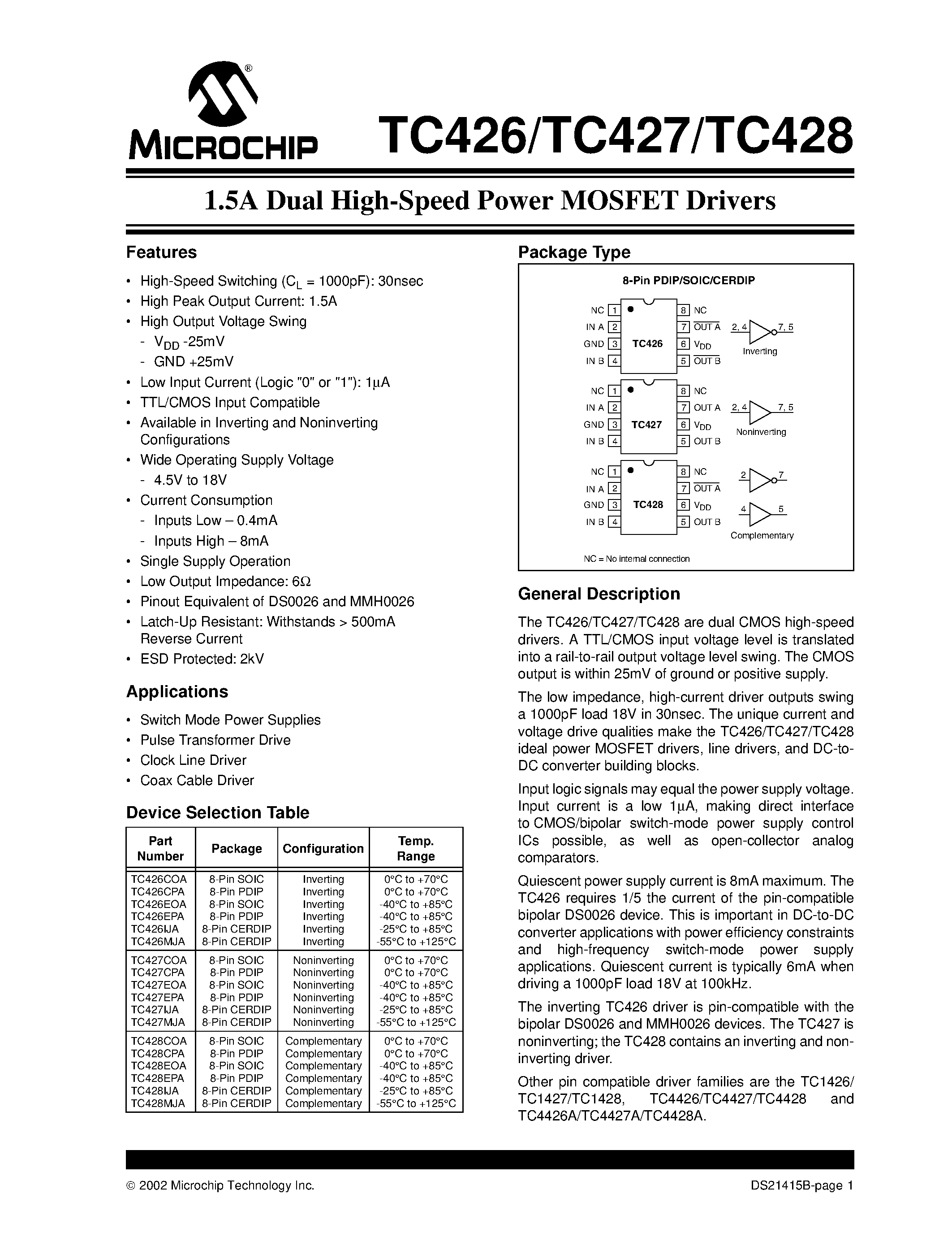 Datasheet TC426 page 1 Datasheet TC426 - (TC426 - TC428) 1.5A Dual High-Speed Power MOSFET Drivers page 1