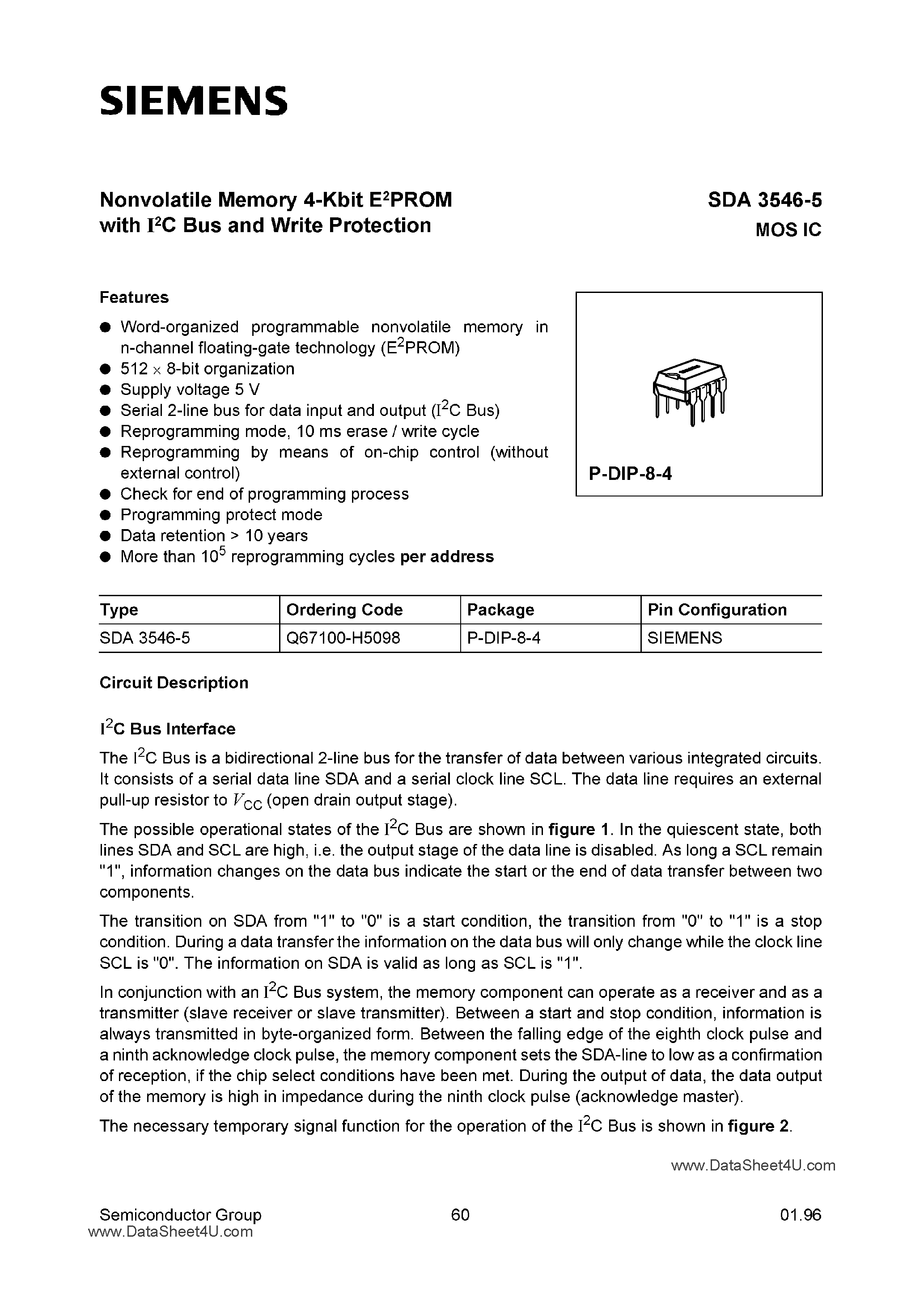 Datasheet SDA3546-5 - Nonvolatile Memory 4K-Bit EPROM page 1