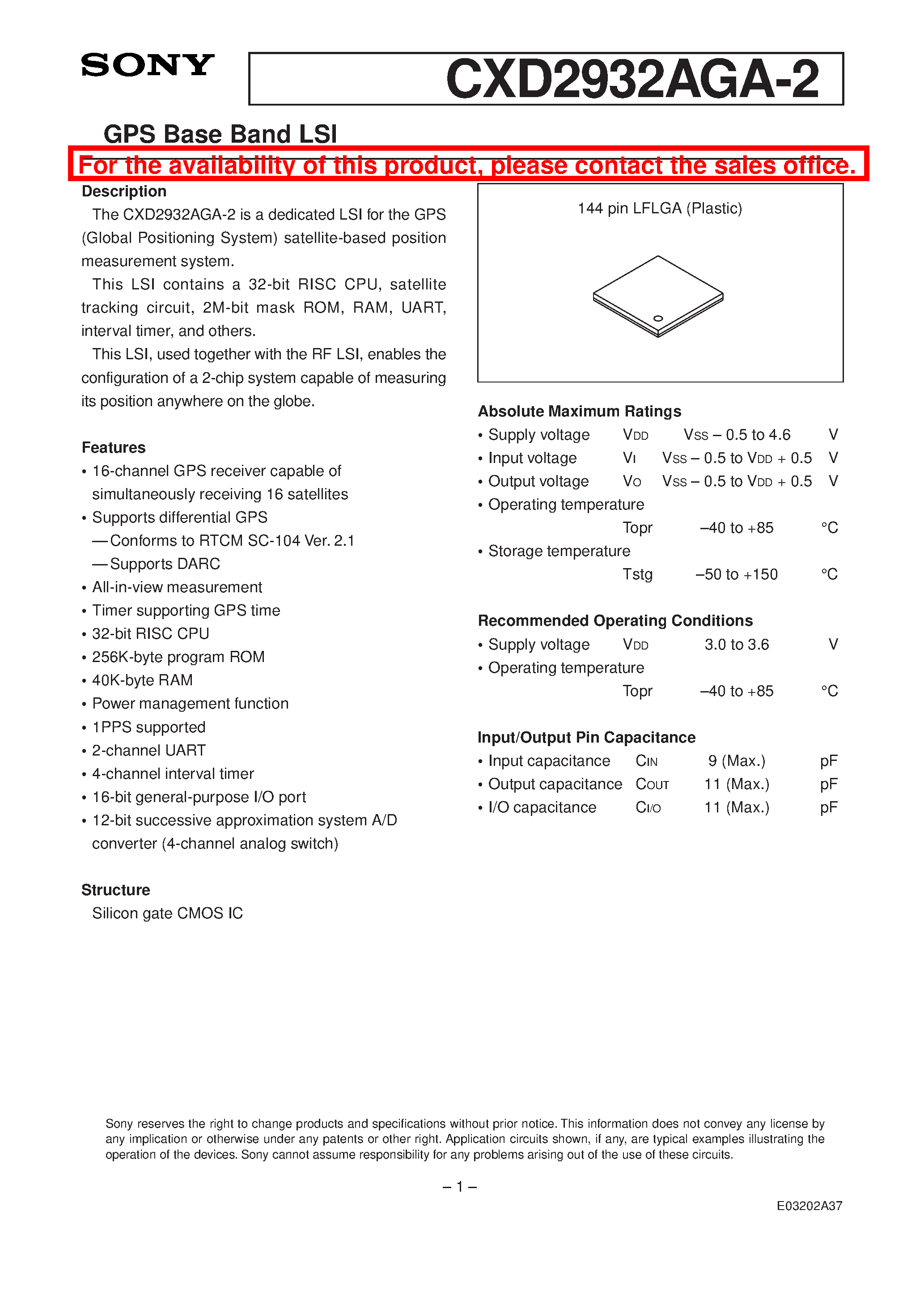 Datasheet CXD2932AGA-2 - GPS Base Band LSI page 1