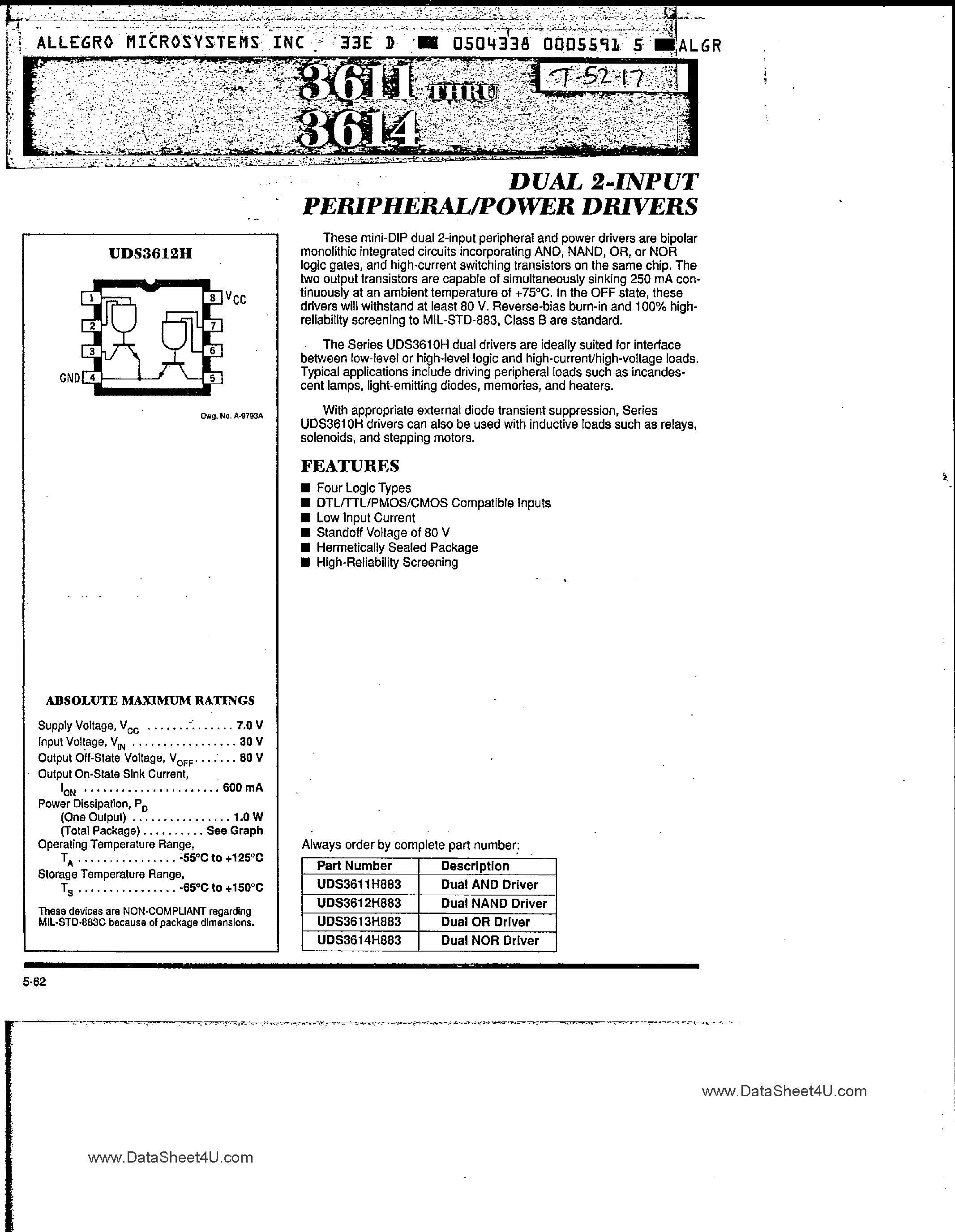Datasheet UDS-3611 page 1 Datasheet UDS-3611 - (UDS3611 - UDS3614) Dual 2-Input Peropheral / Power Drivers page 1