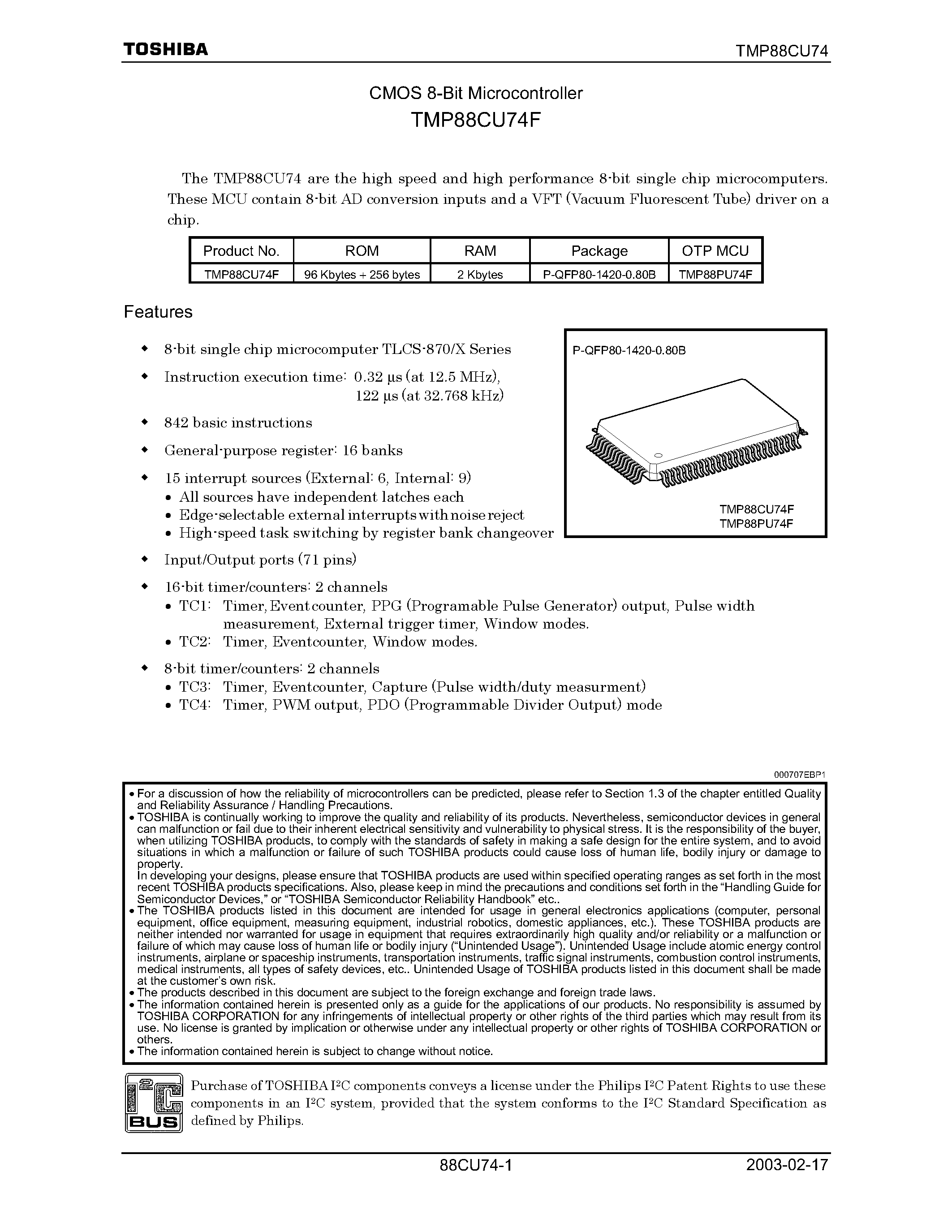 Datasheet TMP88CU74F - CMOS 8-Bit Microcontroller page 1