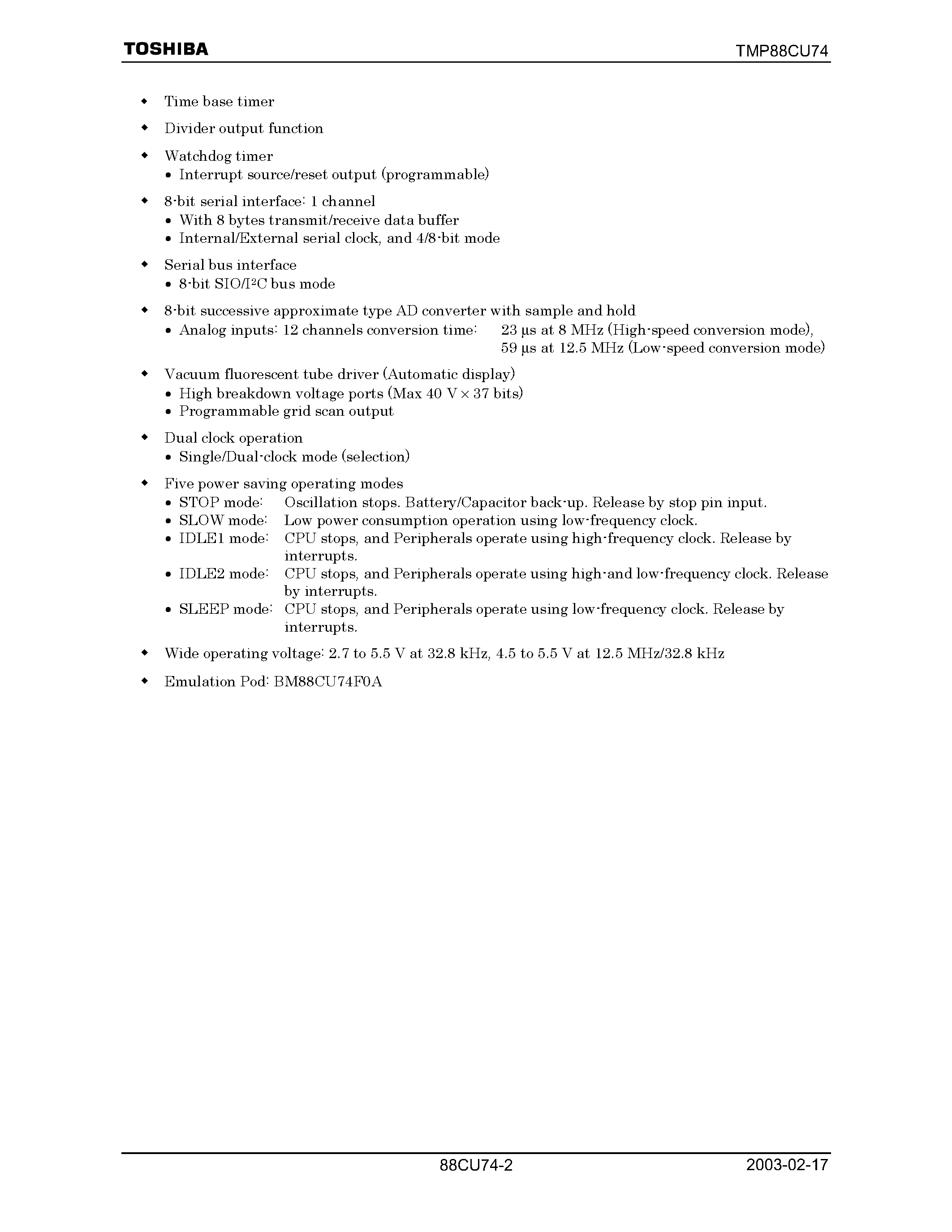 Datasheet TMP88CU74F - CMOS 8-Bit Microcontroller page 2