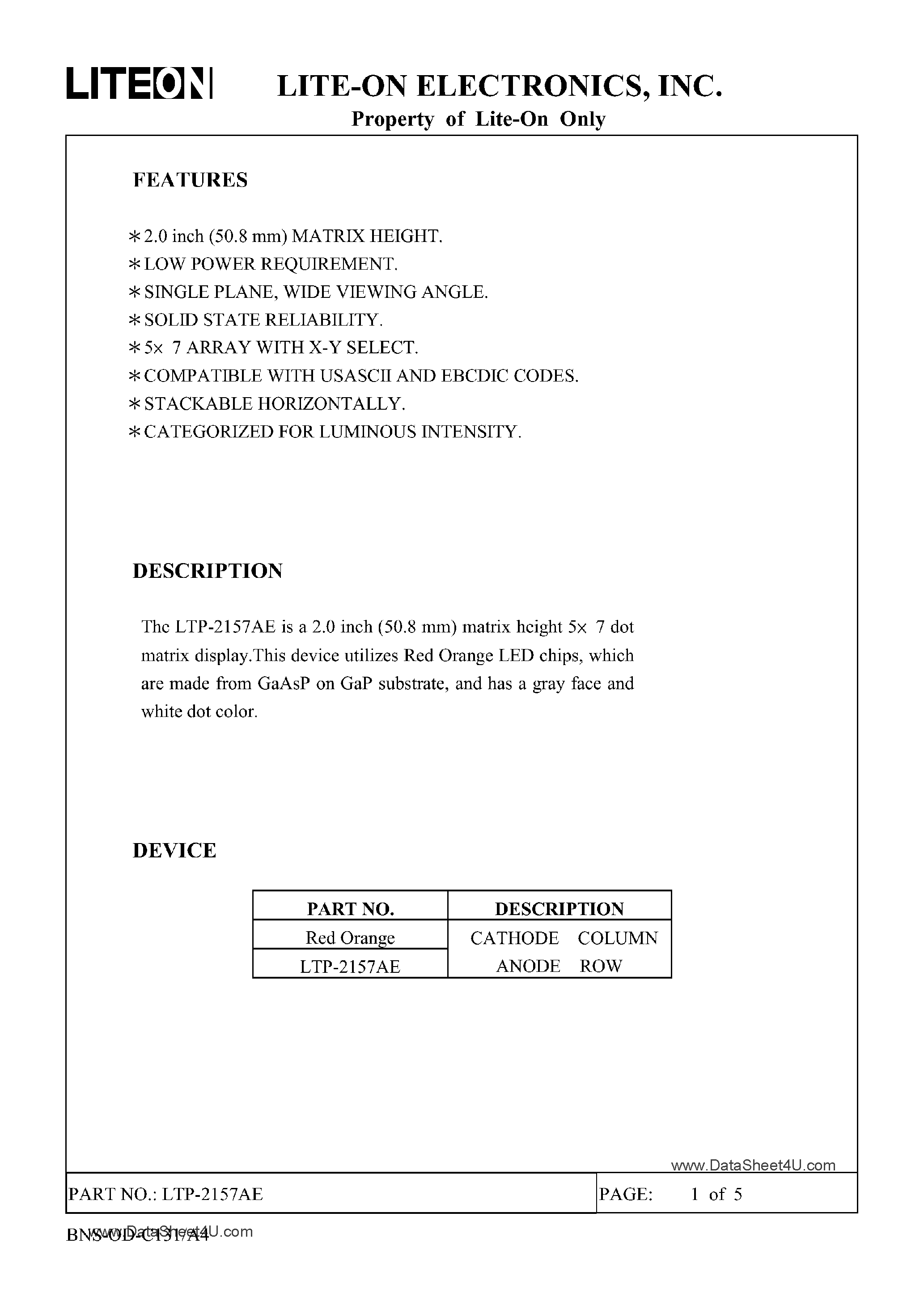 Даташит на микросхему LTP-2157AE страница 1 Даташит LTP-2157AE - 5 X 7 DOT MATRIX LED DISPLAY страница 1