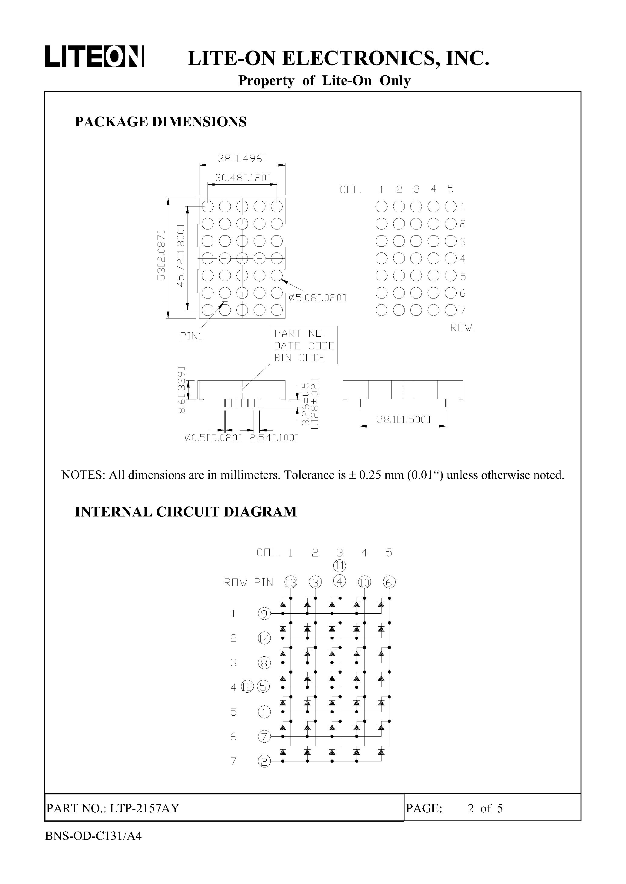 Даташит на микросхему LTP-2157AY страница 2 Даташит LTP-2157AY - 5 X 7 DOT MATRIX LED DISPLAY страница 2