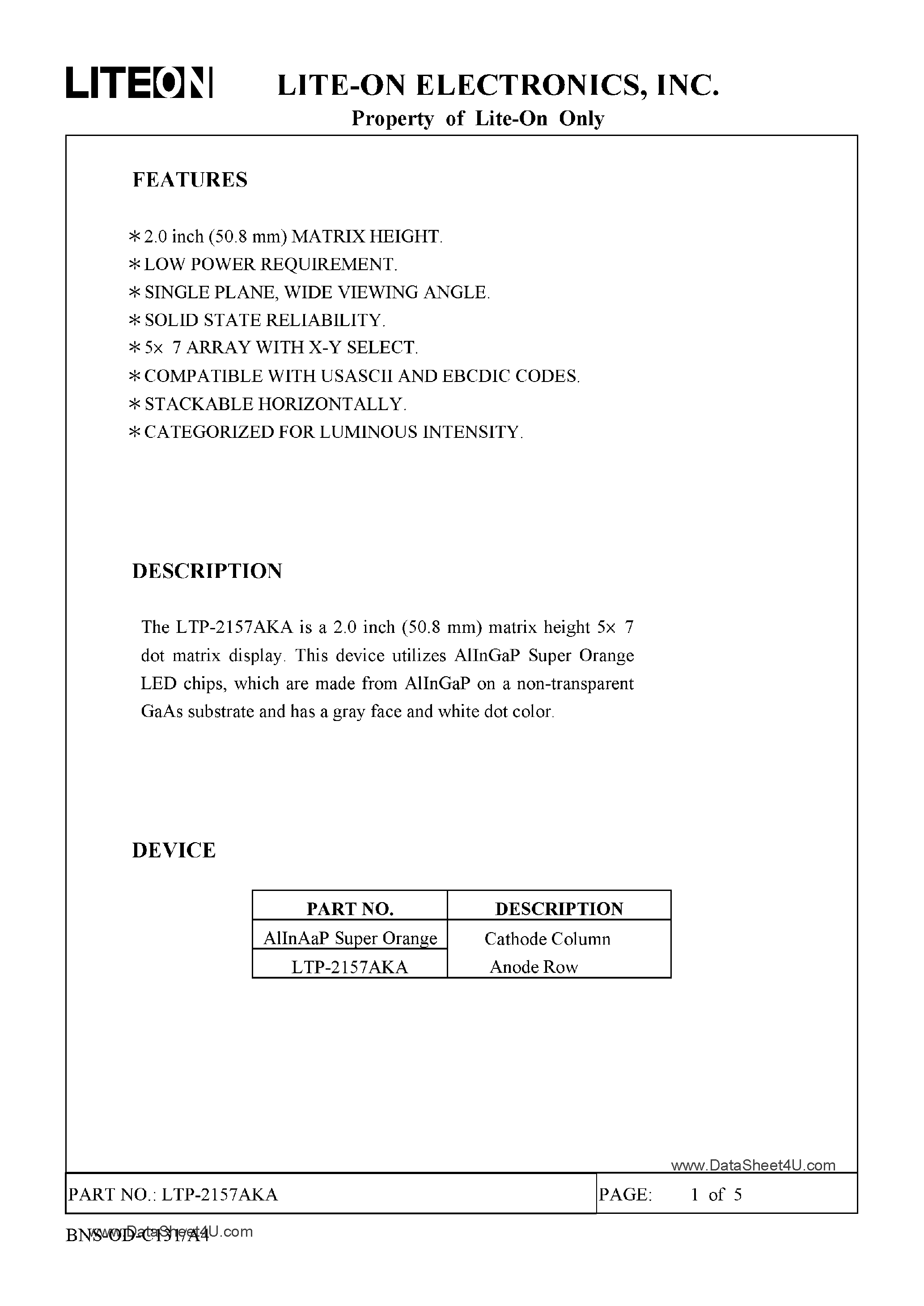 Даташит на микросхему LTP-2157AKA страница 1 Даташит LTP-2157AKA - 5 X 7 DOT MATRIX LED DISPLAY страница 1