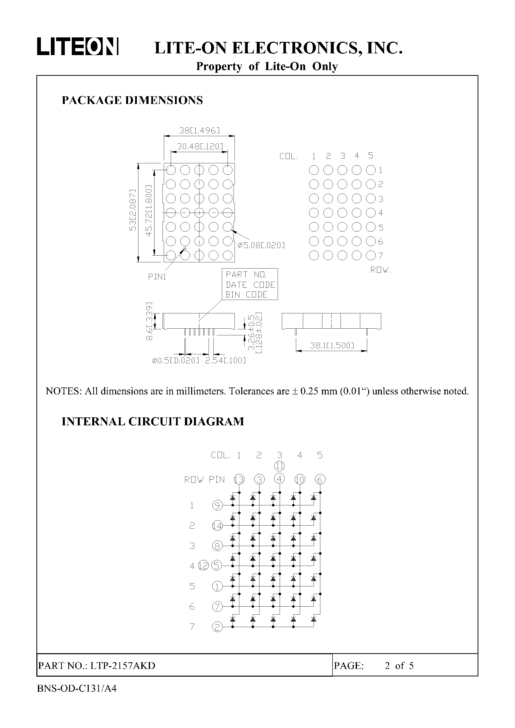 Даташит на микросхему LTP-2157AKD страница 2 Даташит LTP-2157AKD - 5 X 7 DOT MATRIX LED DISPLAY страница 2